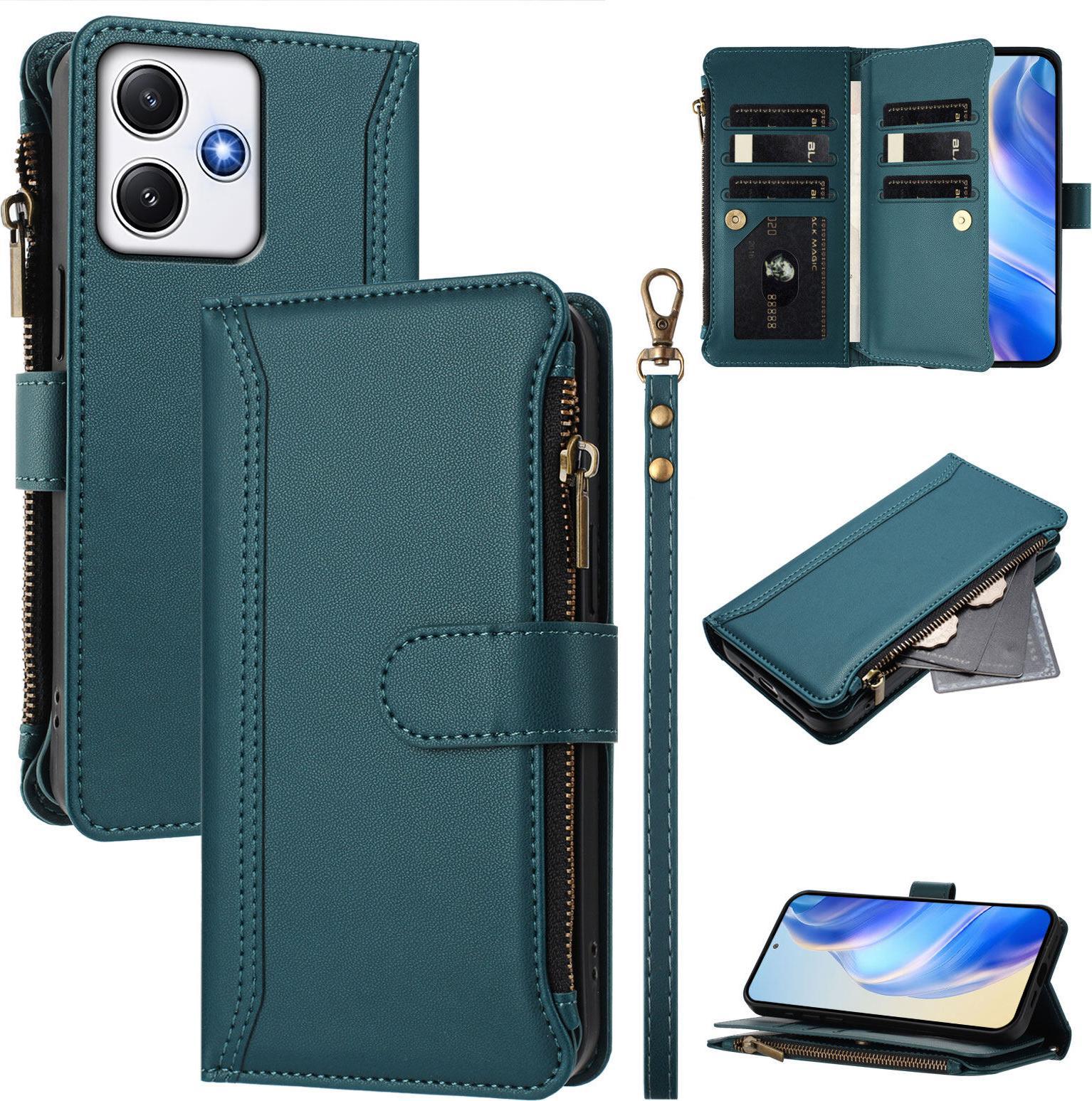 Custodia Per Xiaomi Redmi 12/Redmi 12 5G/Poco M6 Pro 5G, Con Cerniera, Portafoglio Custodia Flip In Finto Cuoio Con Tasche Per Carte, Supporto E Passante Per Mano Verde