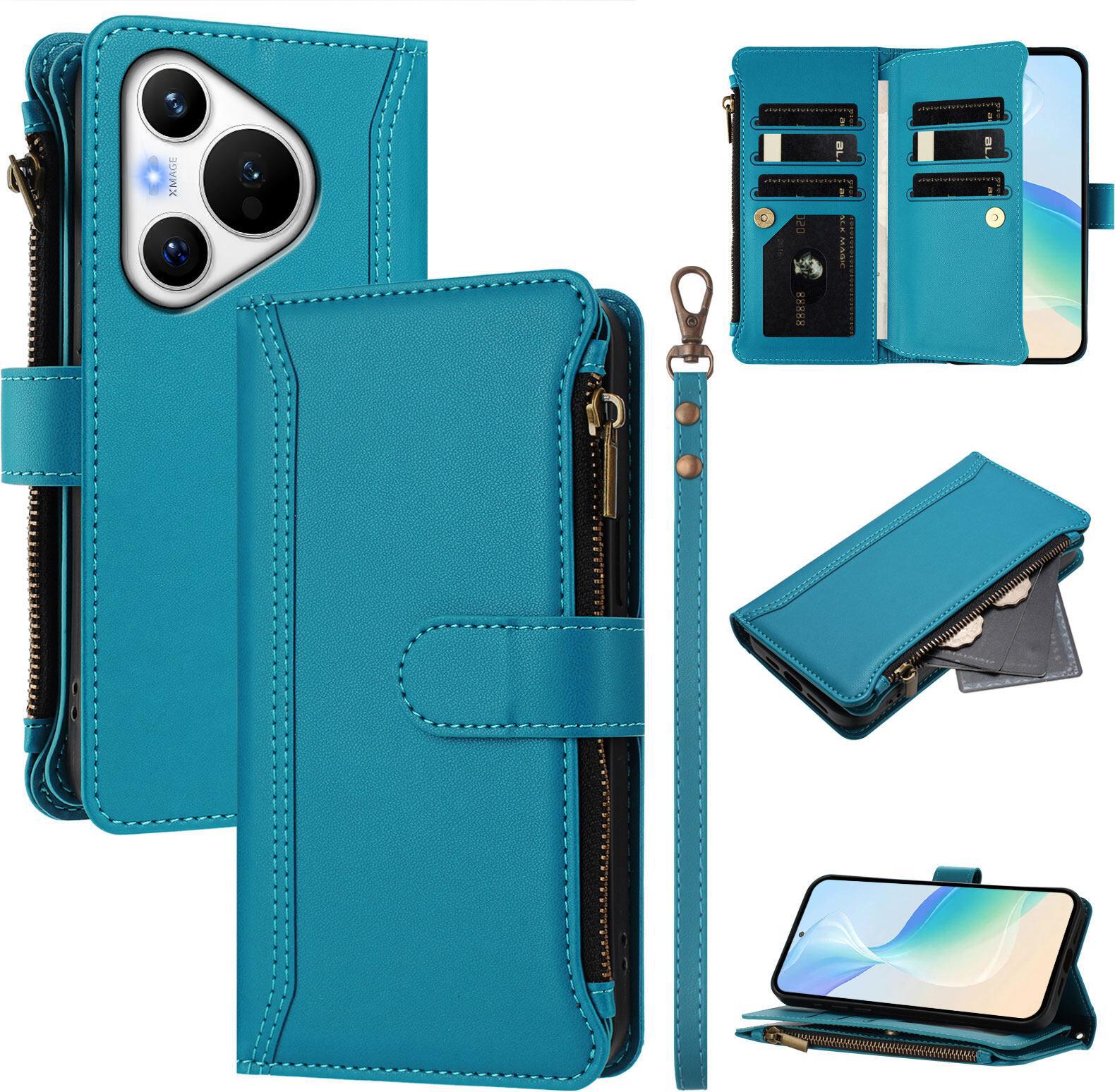 Custodia Per Huawei Pura 70, Con Cerniera, Portafoglio Custodia Flip In Finto Cuoio Con Tasche Per Carte, Supporto E Passante Per Mano Lago Blu