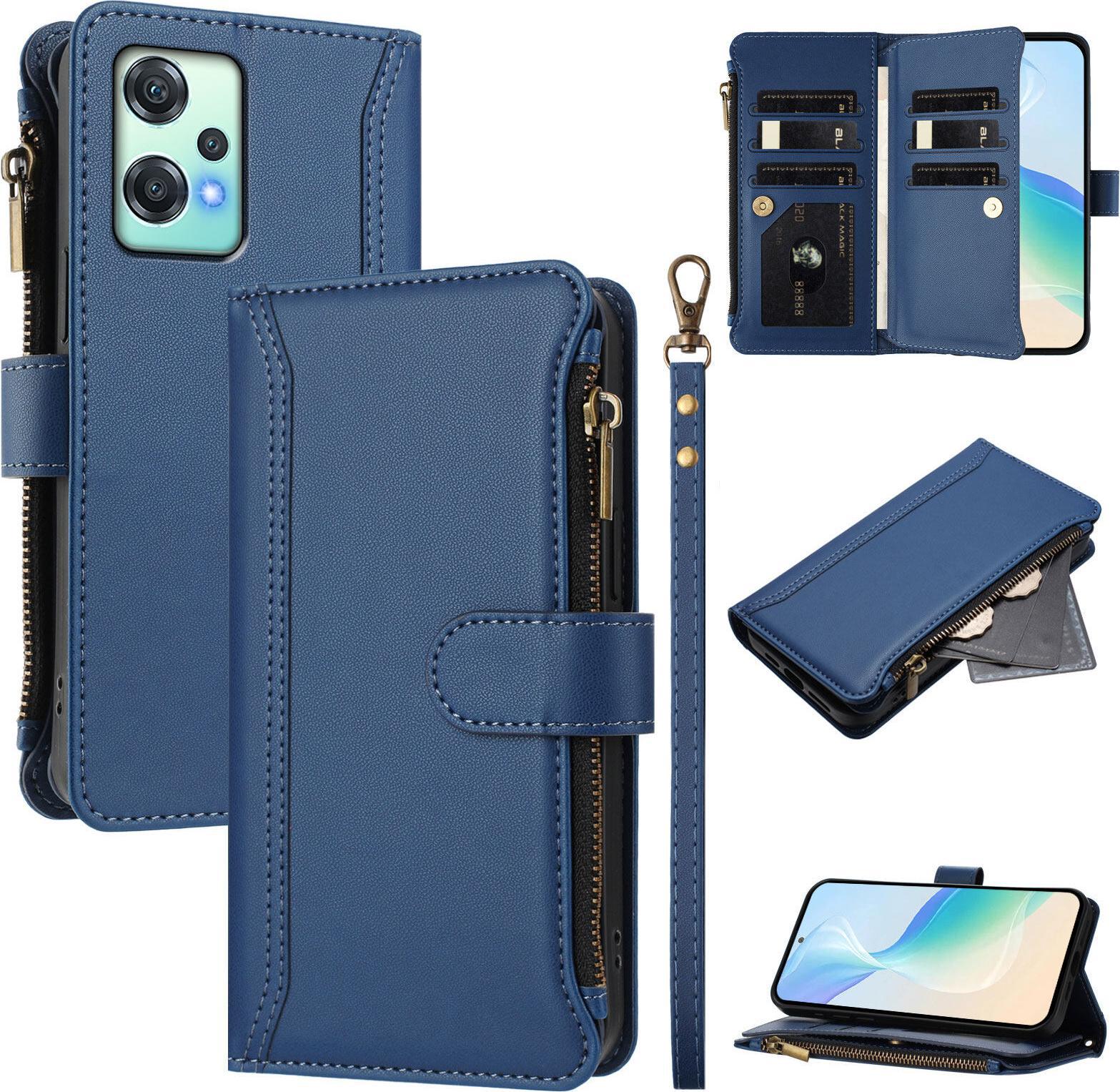 Custodia Per Oneplus Nord Ce 2 Lite 5G, Con Cerniera, Portafoglio, Custodia Flip In Finto Cuoio Con Tasche Per Carte, Supporto E Passante Per La Mano Blu