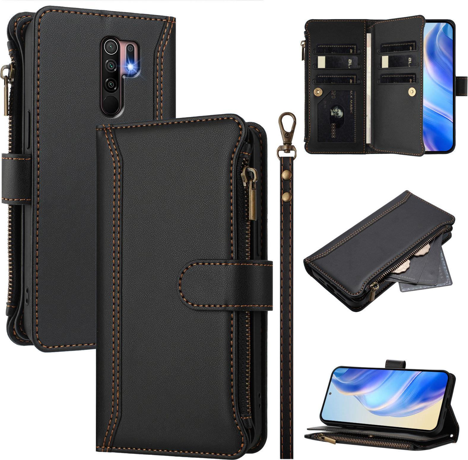 Custodia Per Xiaomi Redmi 9/Poco M2, Flip Case In Finto Cuoio Con Cerniera E Portafoglio, Con Tasche Per Carte, Supporto E Passante Per La Mano Nero