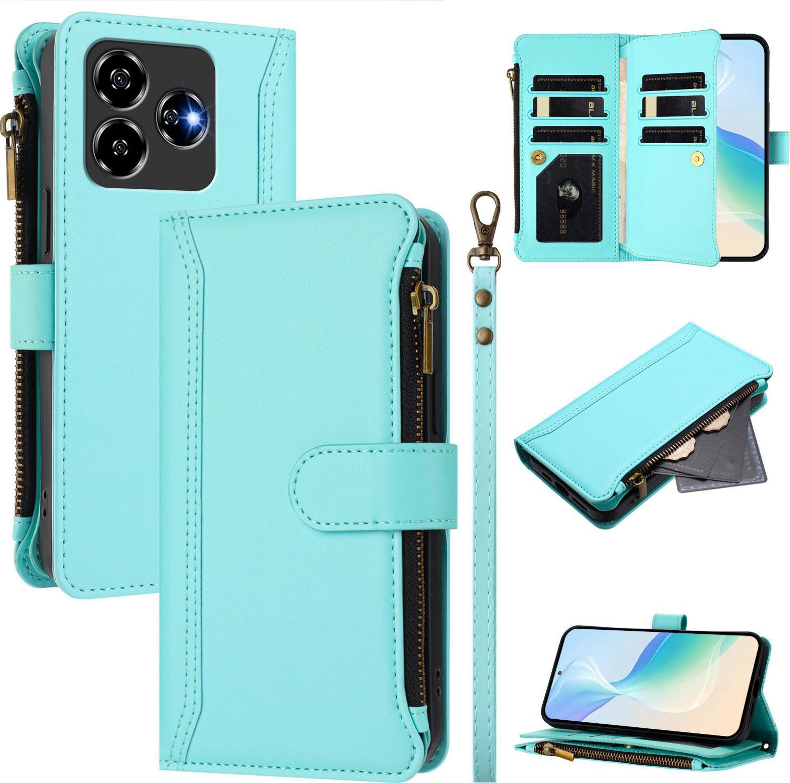 Custodia Per Zte Axon 60, Con Cerniera, Portafoglio Custodia Flip In Finto Cuoio Con Tasche Per Carte, Supporto E Passante Per Mano Verde Menta