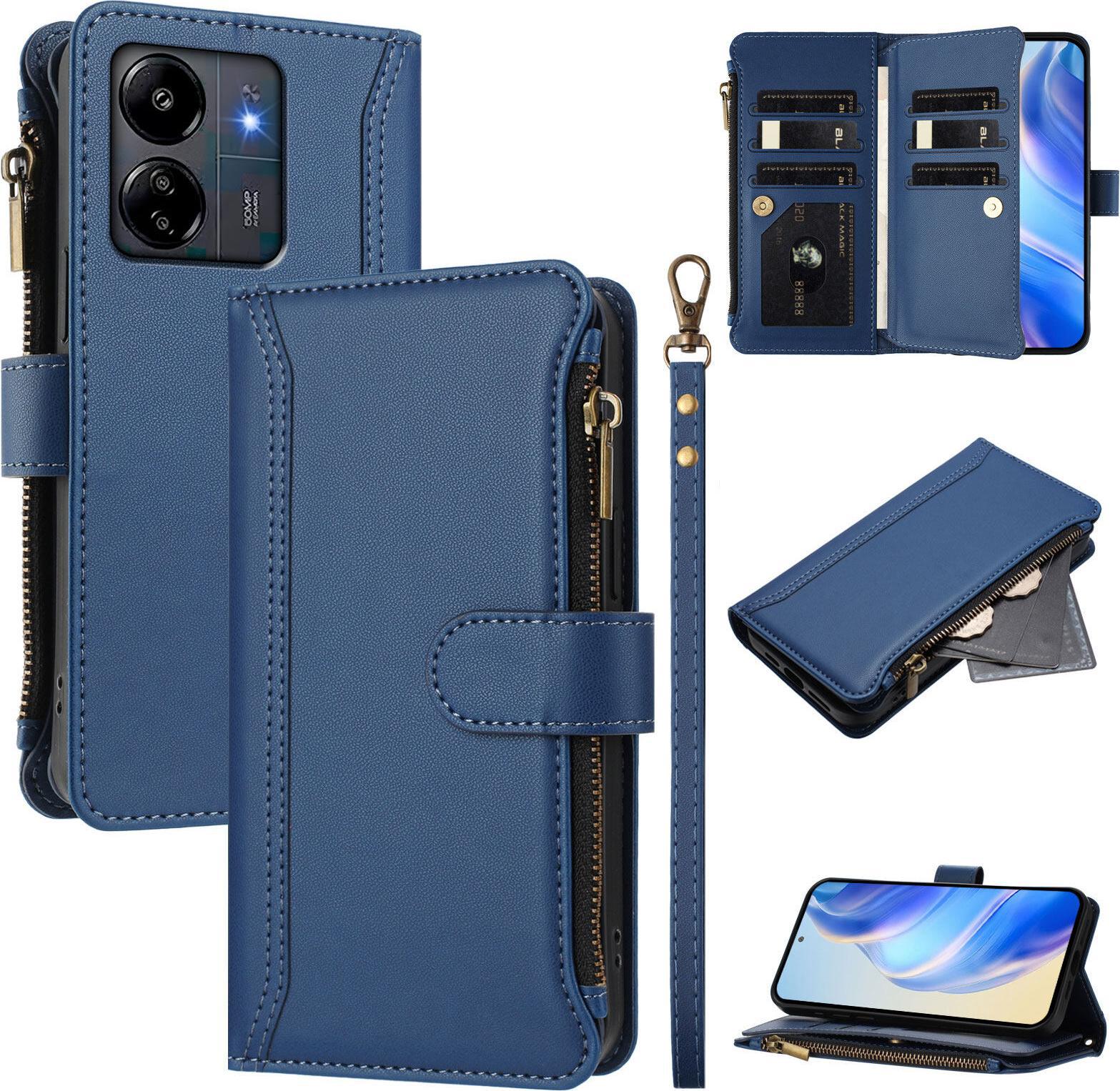 Custodia Per Xiaomi Redmi 13C/Redmi 13C 5G/Poco M6 5G/Poco C65, Con Cerniera, Portafoglio Custodia Flip In Finto Cuoio Con Tasche Per Carte, Supporto E Passante Per Mano Blu