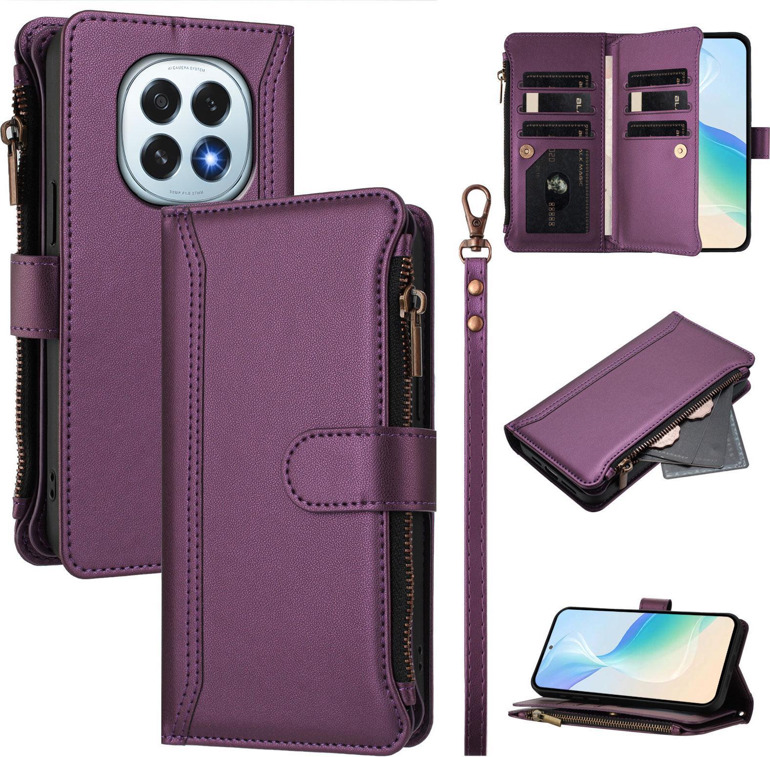 Custodia Per Oppo F29, Con Cerniera, Portafoglio In Finto Cuoio Con Tasche Per Carte, Supporto E Passante Per La Mano Viola