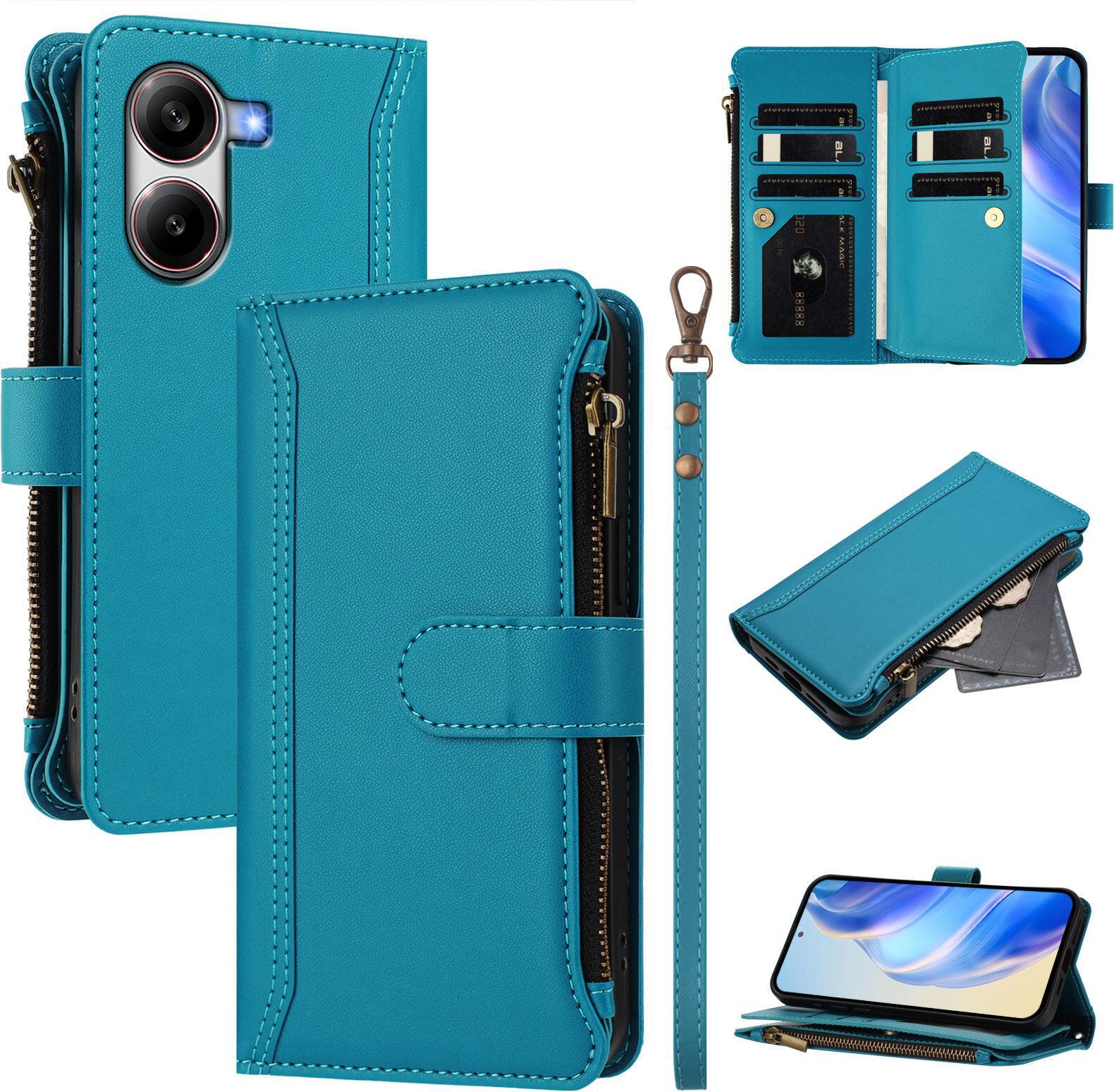 Custodia Per Xiaomi Redmi Turbo 4/Poco X7 Pro, Con Cerniera, Portafoglio In Finto Cuoio Flip Con Tasche Per Carte, Supporto E Passante Per Mano Lake Blu