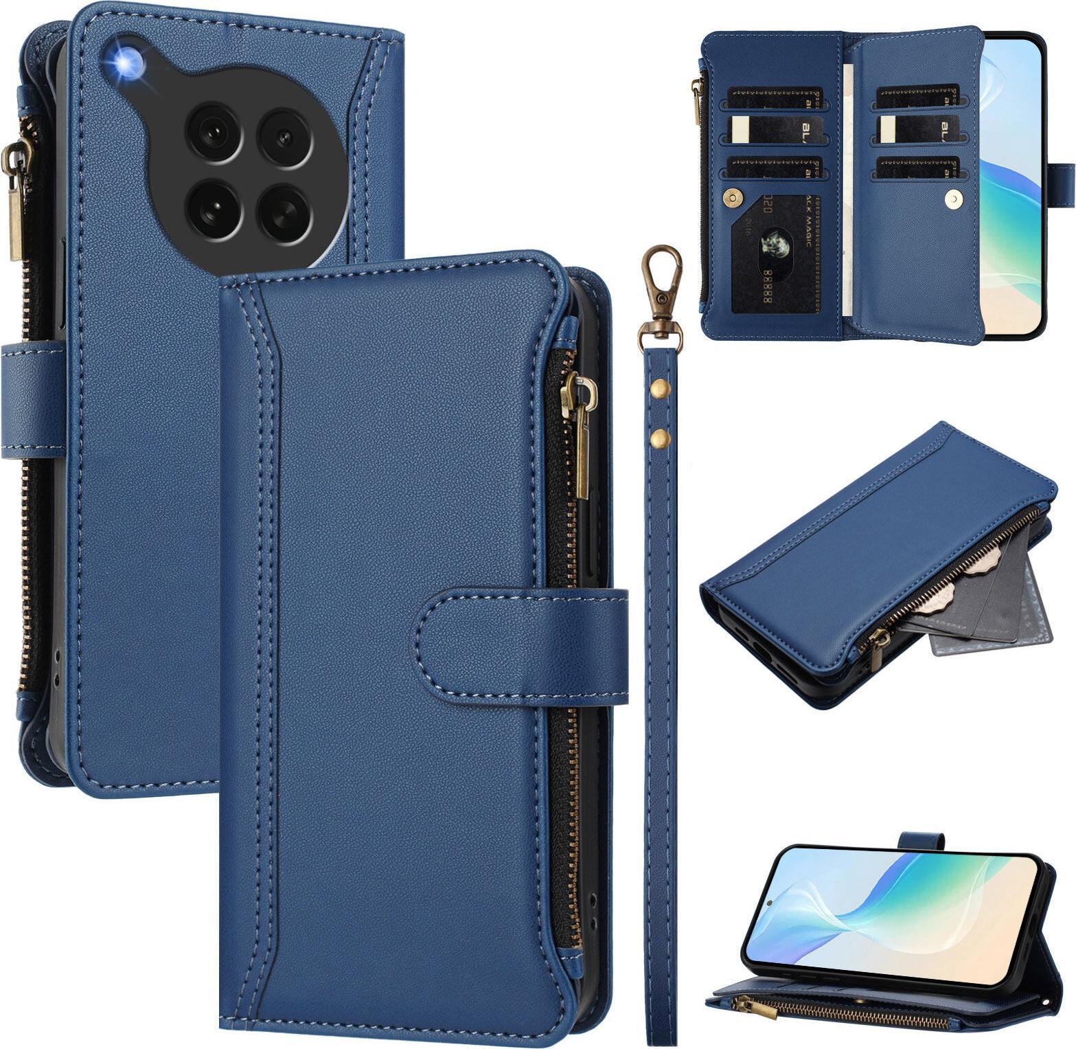 Custodia Per Oppo Find X8S, Con Cerniera, Portafoglio In Finto Cuoio Con Tasche Per Carte, Supporto E Passante Per Mano Blu