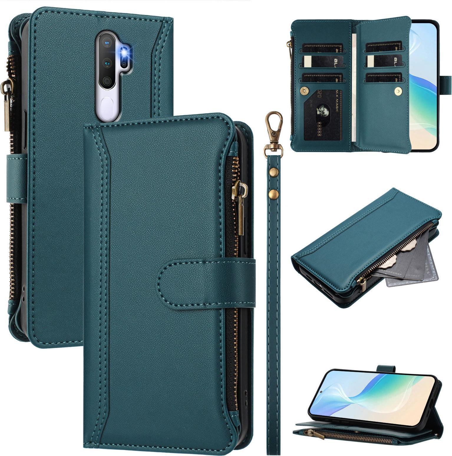 Custodia Per Oppo A9 2020/A11X, Con Cerniera, Portafoglio Custodia Flip In Finto Cuoio Con Tasche Per Carte, Supporto E Passante Per Mano Verde