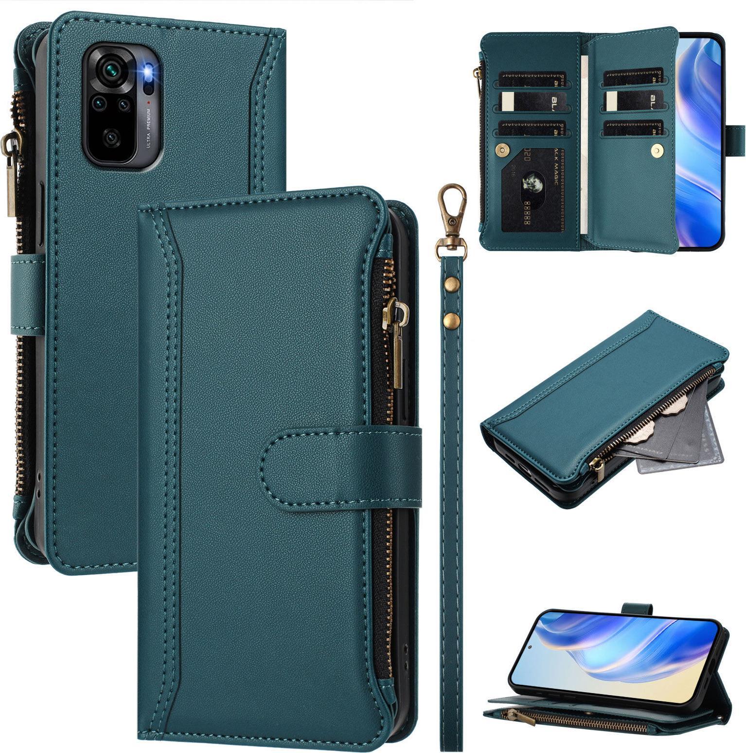 Custodia Per Xiaomi Redmi Note 10 4G/Note 10S/Poco M5S, Con Cerniera, Portafoglio In Finto Cuoio Flip Case Con Tasche Per Carte, Supporto E Passante Per Mano Verde