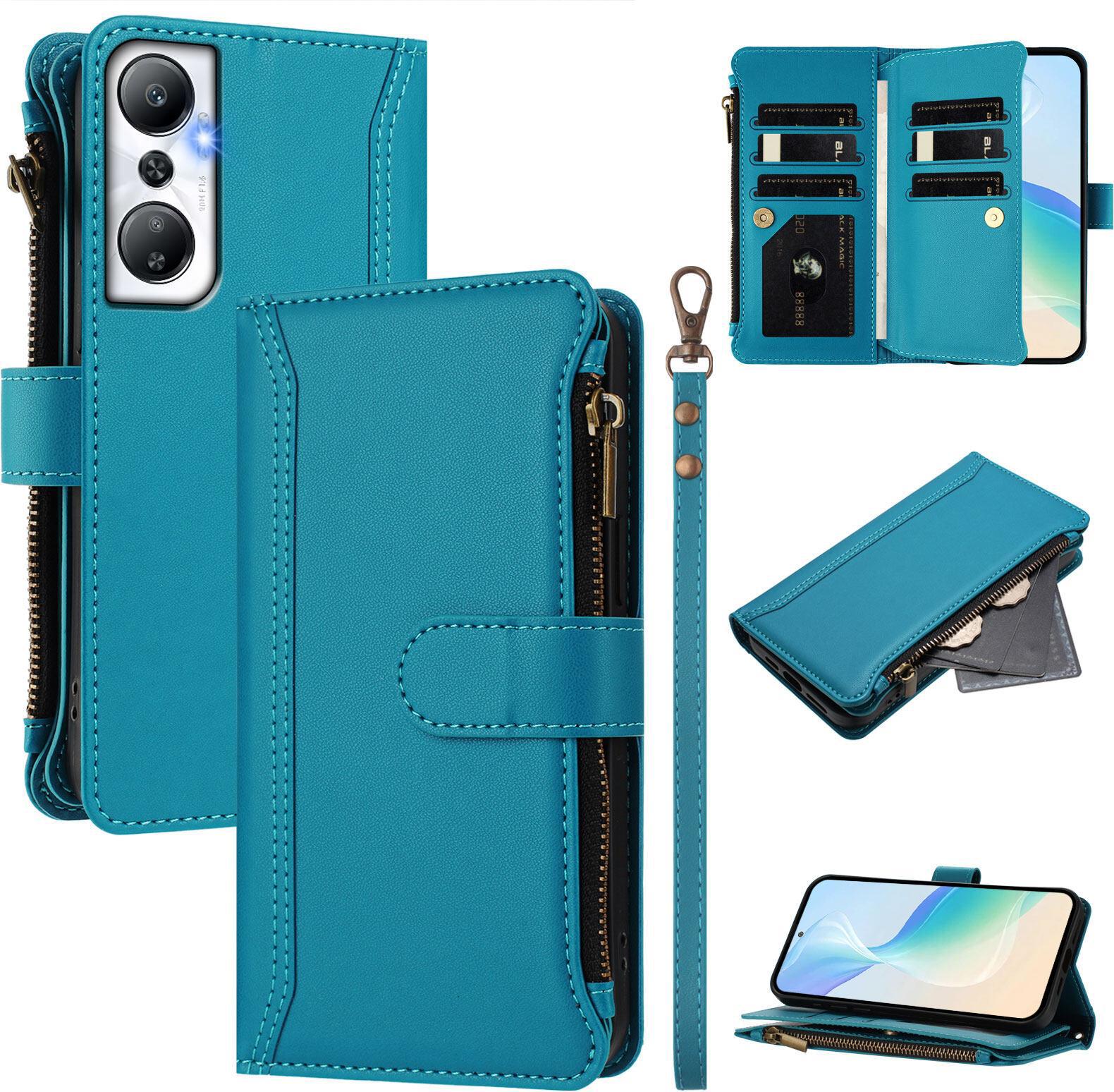 Custodia Per Infinix Hot 20 4G, Con Cerniera, Portafoglio, Custodia Flip In Finto Cuoio Con Tasche Per Carte, Supporto E Passante Per Mani Lake Blu