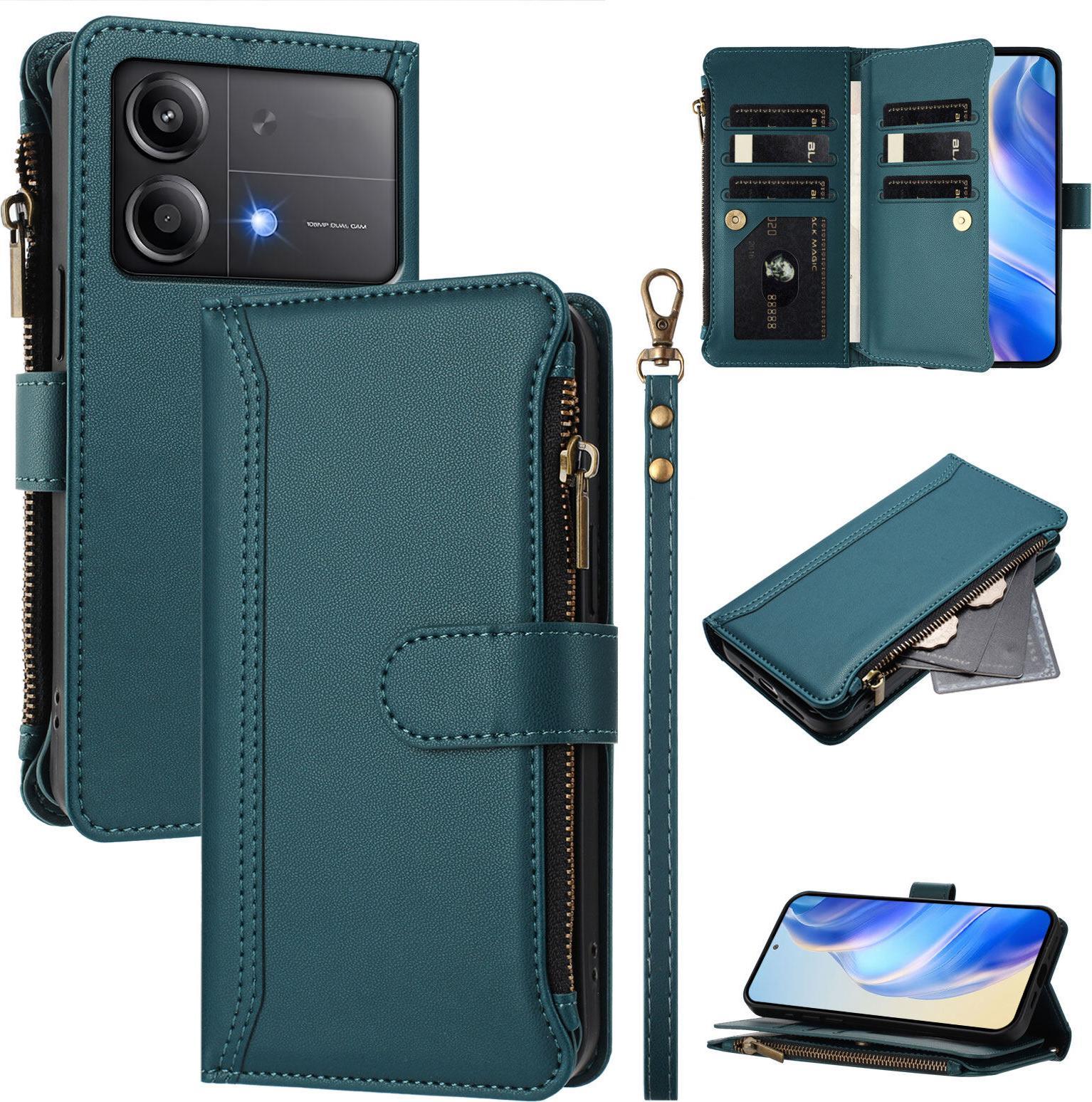 Custodia Per Xiaomi Poco X6 Neo, Con Cerniera, Portafoglio In Finto Cuoio Con Tasche Per Carte, Supporto E Passante Per Mano Verde