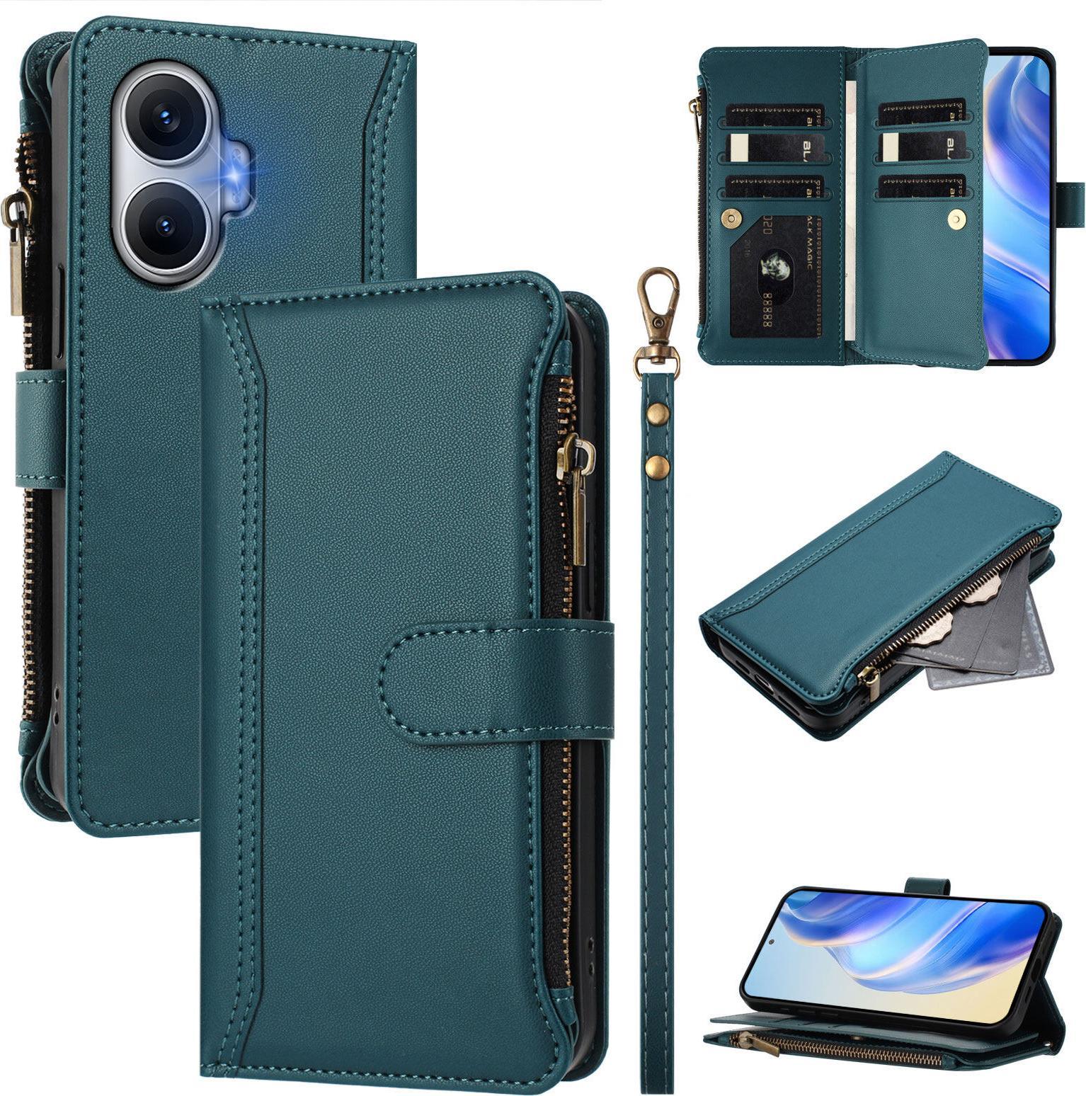 Custodia Per Xiaomi Redmi Turbo 4 Pro, Con Cerniera, Portafoglio In Finto Cuoio Con Tasche Per Carte, Supporto E Passante Per La Mano Verde