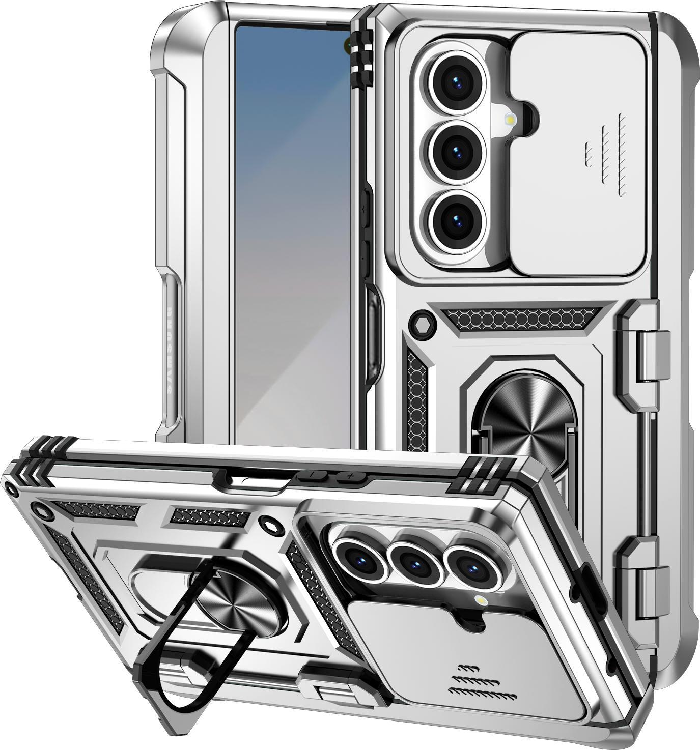 Custodia Ibrida Per Samsung Galaxy Z Fold 7 Con Supporto Ad Anello, Copertura Della Cerniera E Copertura Scorrevole Della Fotocamera Argento