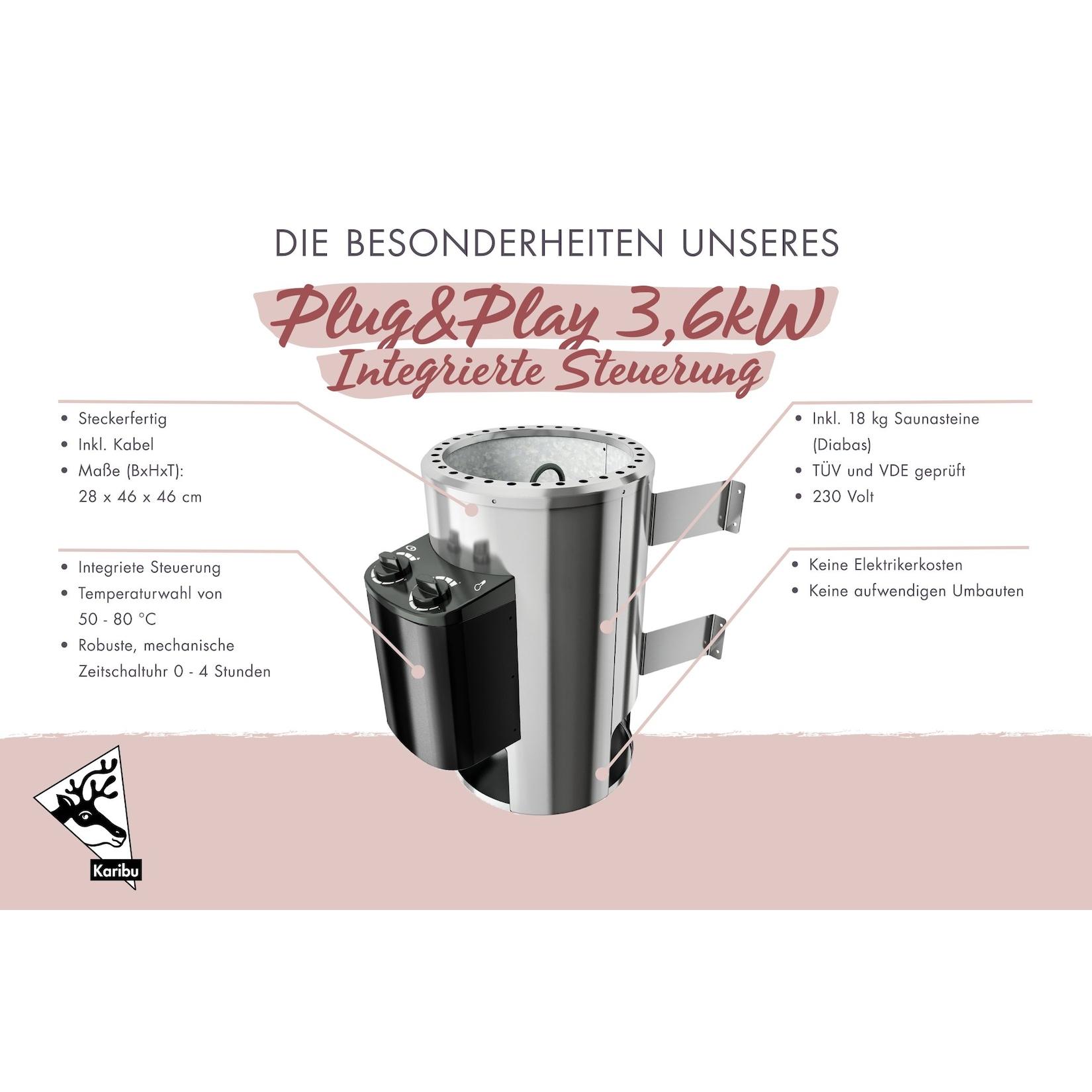 Karibu 68 mm Sauna Ida 3 inkl. Ofen 3,6 kW intgr. Strg