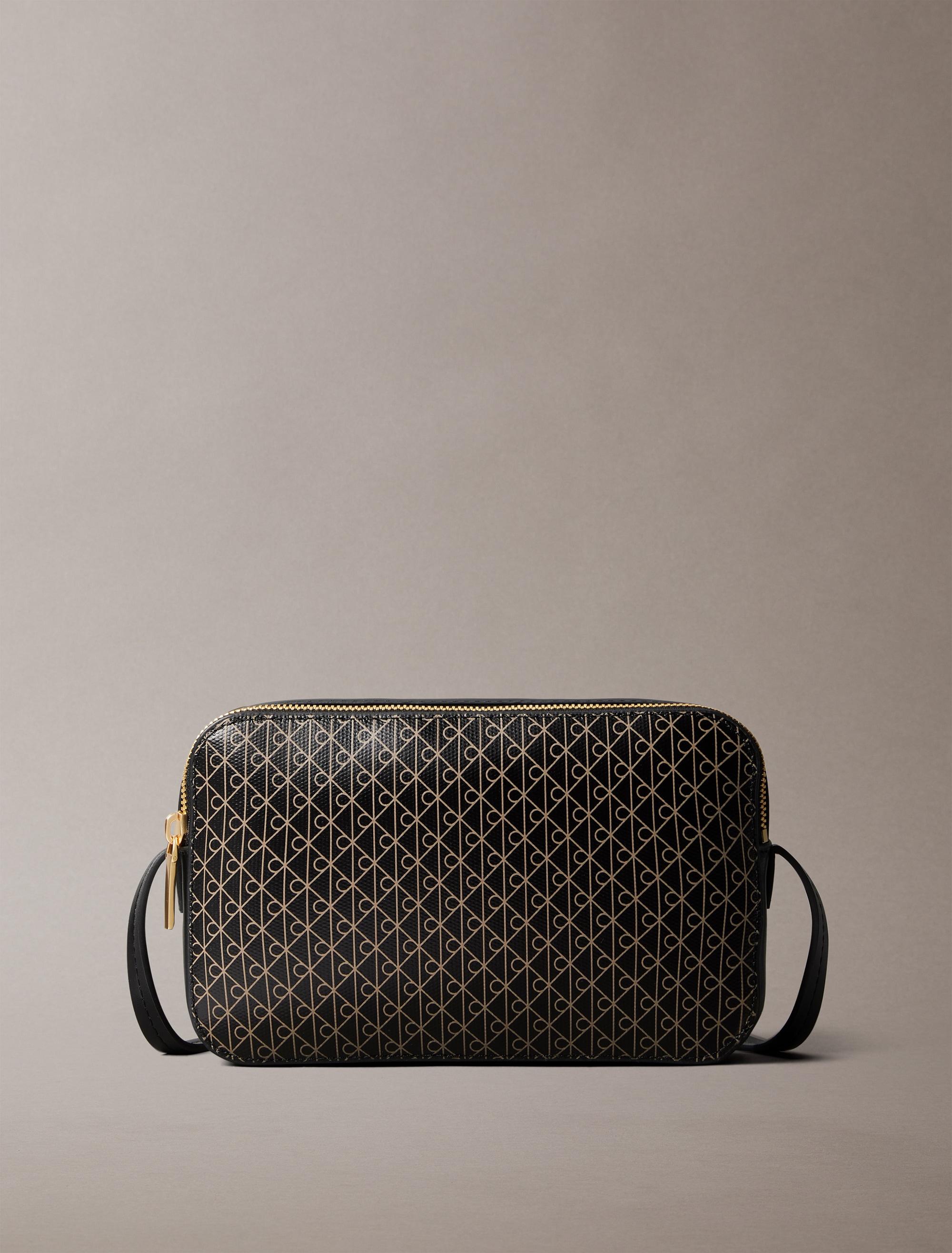 Mini Bag Calvin Klein "Aop Elongated Camera Bag", Damen, Gr. B/H/T: 20Cm X 13Cm X 5Cm, Schwarz (Schwarz Aop), Lederimitat, Taschen, Kleine Damen-UmhäNgetasche, Schultertasche Mit Monogramm-Print