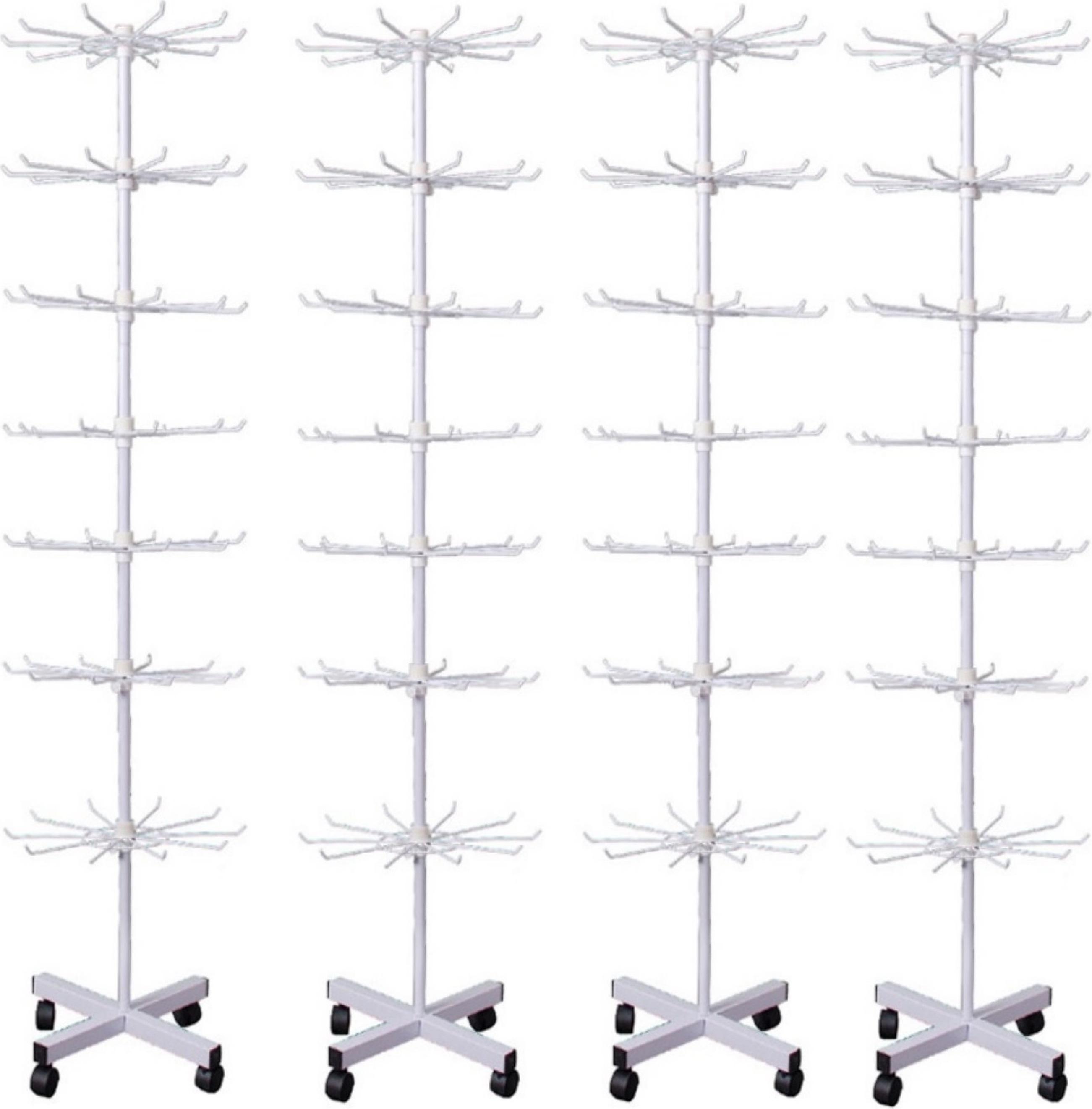 4 Espositori Girevoli Altezza 155 Cm | Espositore Arrotolabile 7 Ripiani | Set Di 4 Espositori Girevoli Con 70 Ganci In Metallo | Espositore Da Banco Per Arredamento Di Negozi | Espositore Per Piccoli Articoli Da Negozio Bianco