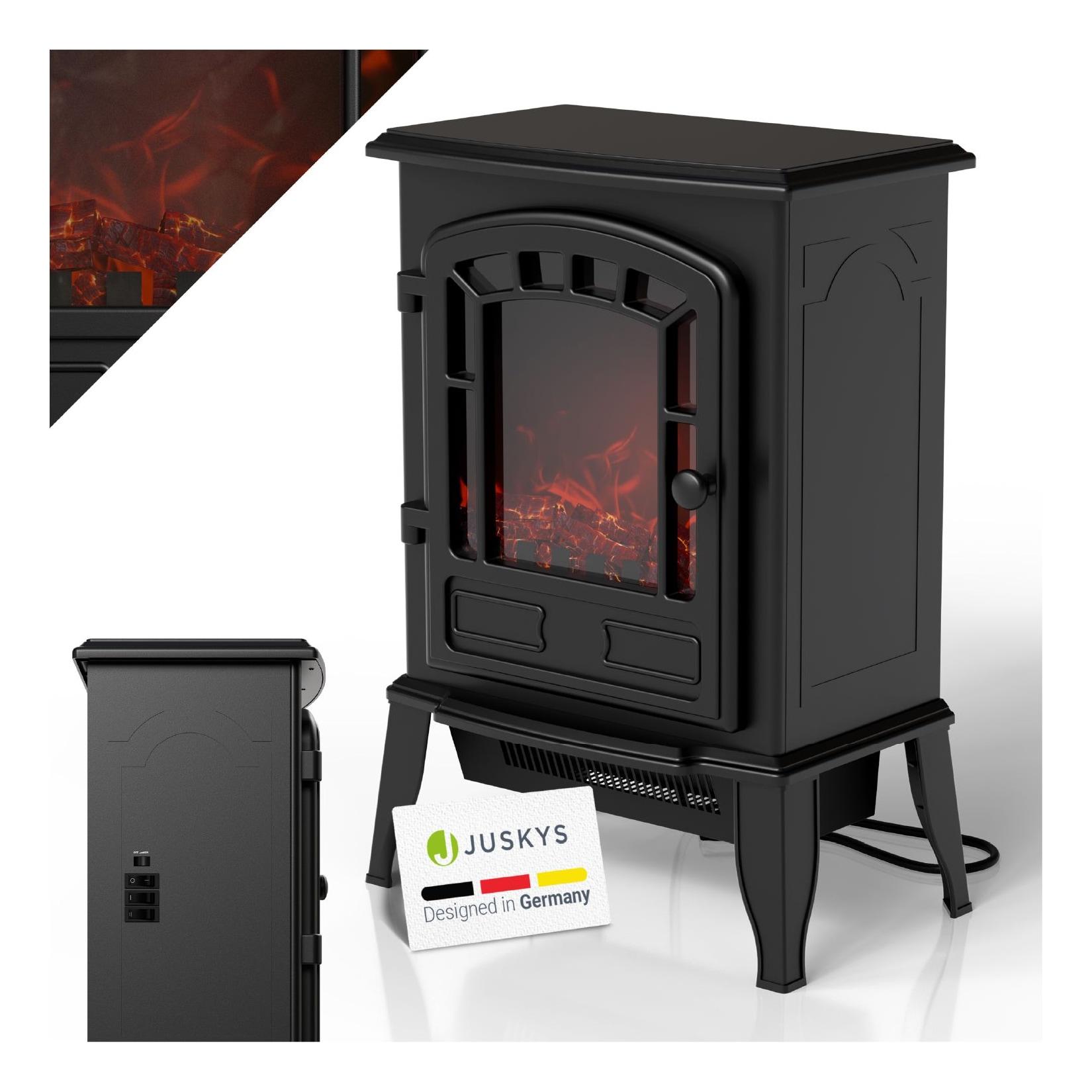 Juskys Elektrokamin 2000 W – Schwarz, mit Flammeneffekt & 2 Heizstufen für Zuhause, inkl. Thermostat