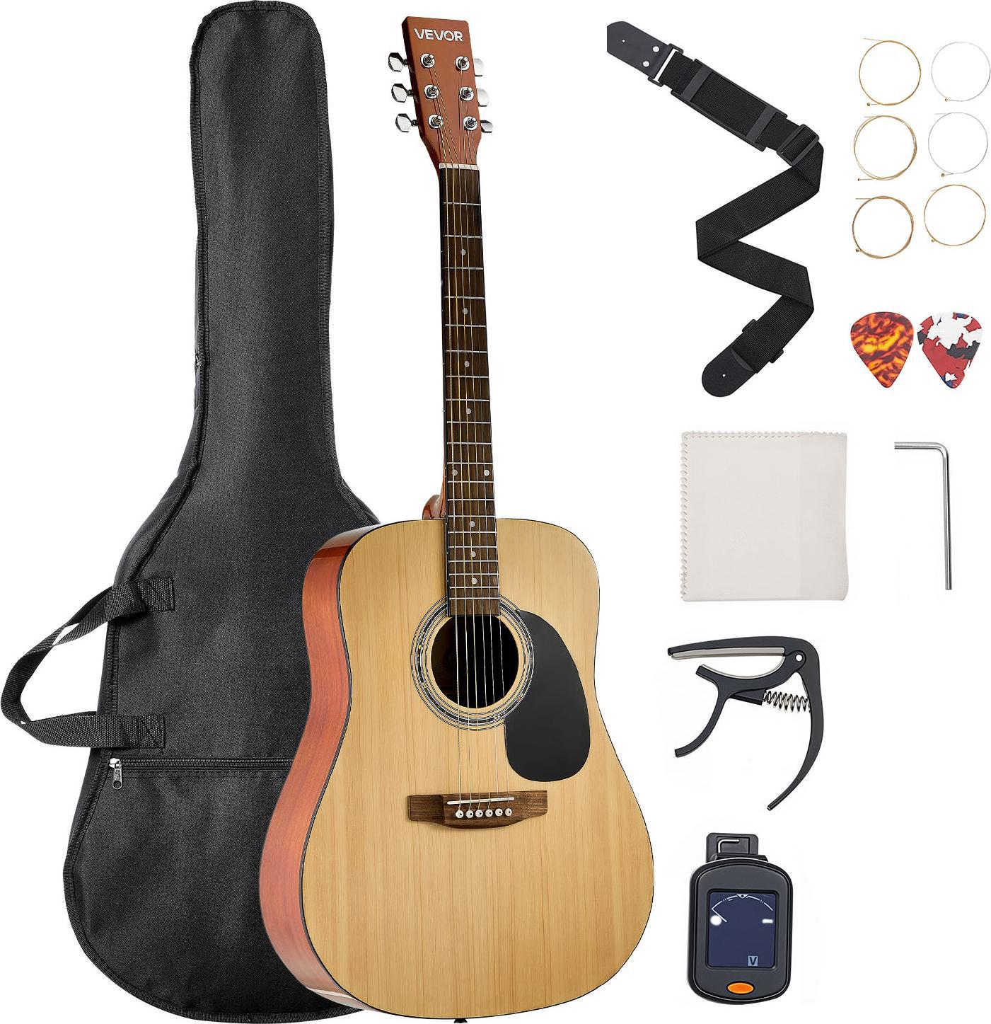Vevor Chitarra Acustica Dreadnought, 41 Pollici, Chitarra A 6 Corde In Abete Massello Naturale, Pacchetto Per Principianti Con Borsa Da Concerto, Accordatore, Tracolla, Corde, Plettri, Capotasto, Tastiera In Palissandro, Per Adulti Di Statura Elevata