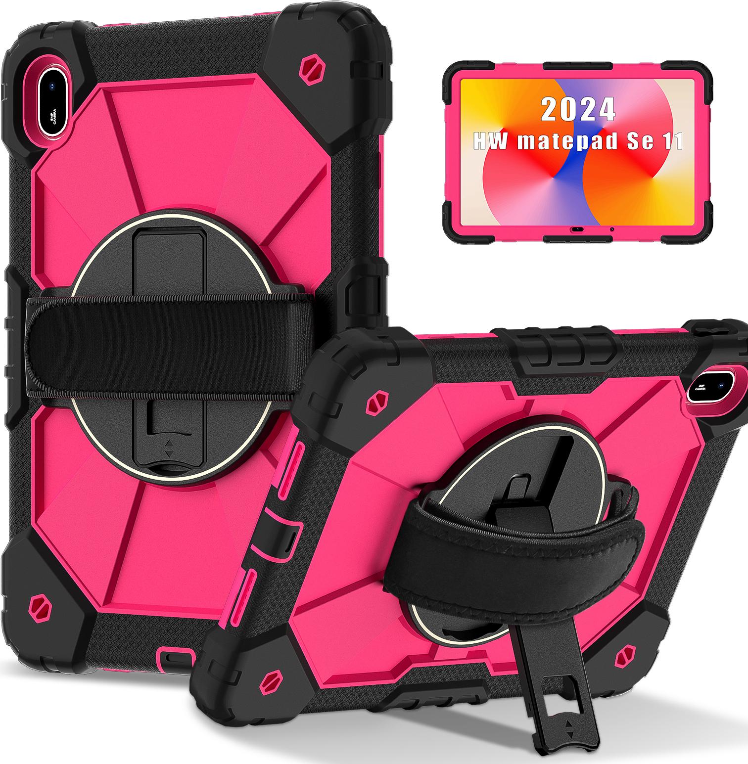 Custodia Per Huawei Matepad Se 11 2024, Custodia Per Tablet Con Cinturino Girevole A 360° E Supporto Nero Rosa