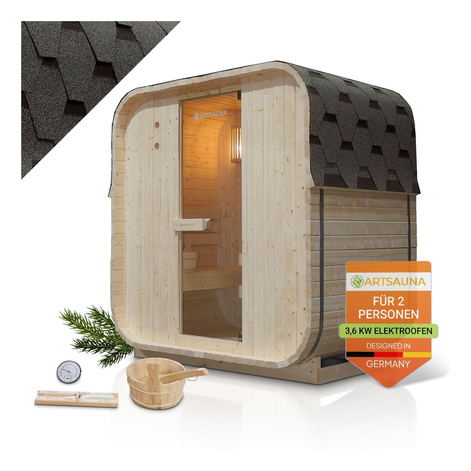 Artsauna Fasssauna Nolvik M - 2 Personen, mit 3,6 kW Ofen & Zubehör für Garten, Cube Design