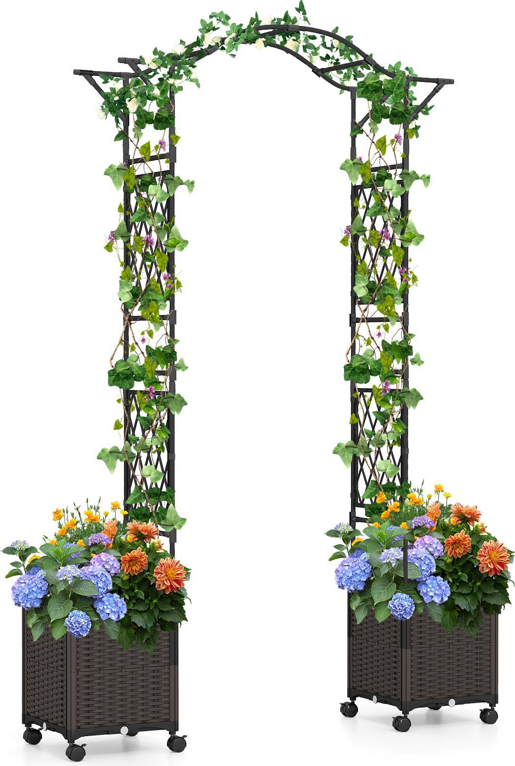 Costway Arco Di Rose 2 In 1, 250 Cm, Traliccio Con Fioriera, 2 Fioriere Su Rotelle E Fori Di Drenaggio, Arco Da Giardino In Metallo, Arco (Nero)