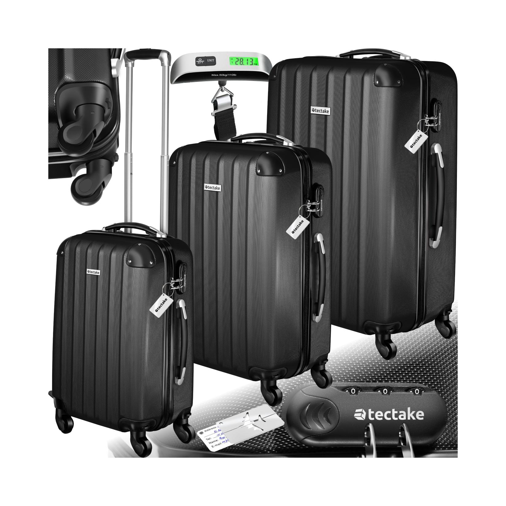 tectake® 3er Kofferset, 3-teilig aus robustem ABS-Kunststoff inkl. Kofferwaage und -anhänger, 360° drehbare, abnehmbare Rollen, mit Sicherheitszahlenschloss