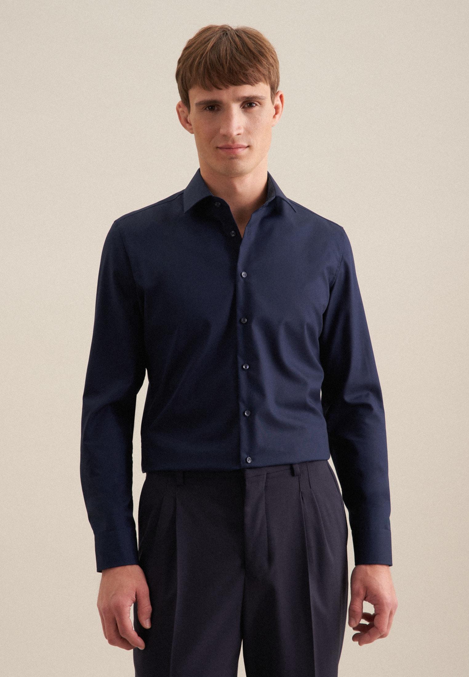 Businesshemd Seidensticker "Schwarze Rose", Herren, Gr. Xl (44), Normale ÄRmelläNgen, Blau (Dunkelblau), 100% Baumwolle, Unifarben, Slim Fit, 2-Knopf-Manschette, Hemden, Slim 1/1 Kentkragen Uni
