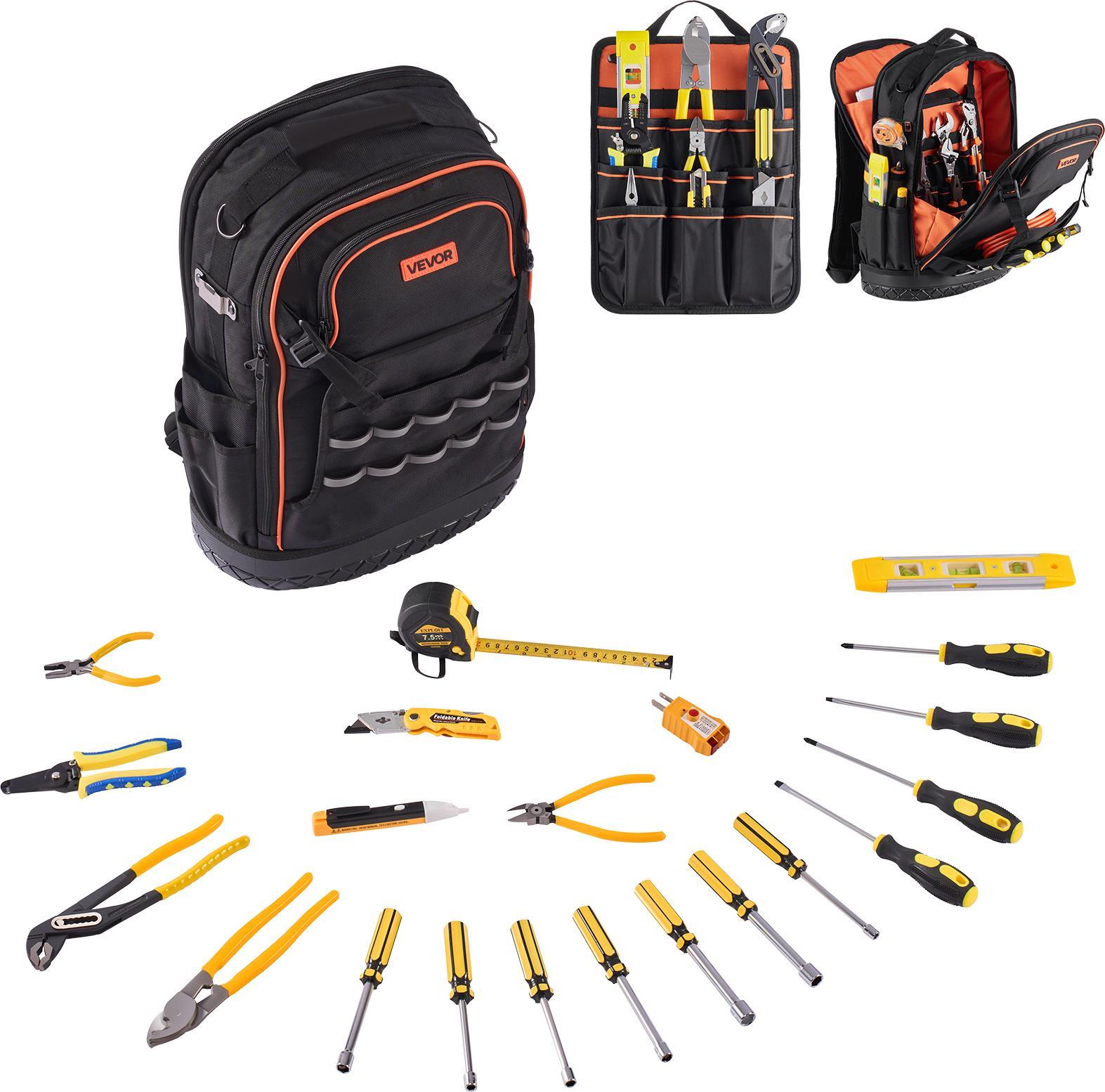 Zaino Porta Attrezzi Vevor Con 65 Tasche, Zaino Con Set Di Attrezzi Da 21 Pezzi, Borsa Porta Attrezzi Con Scomparto Per Laptop, Per Elettricisti, Tecnici Di Riparazione E Tecnici Di Riscaldamento, Ventilazione E Condizionamento Dell'aria