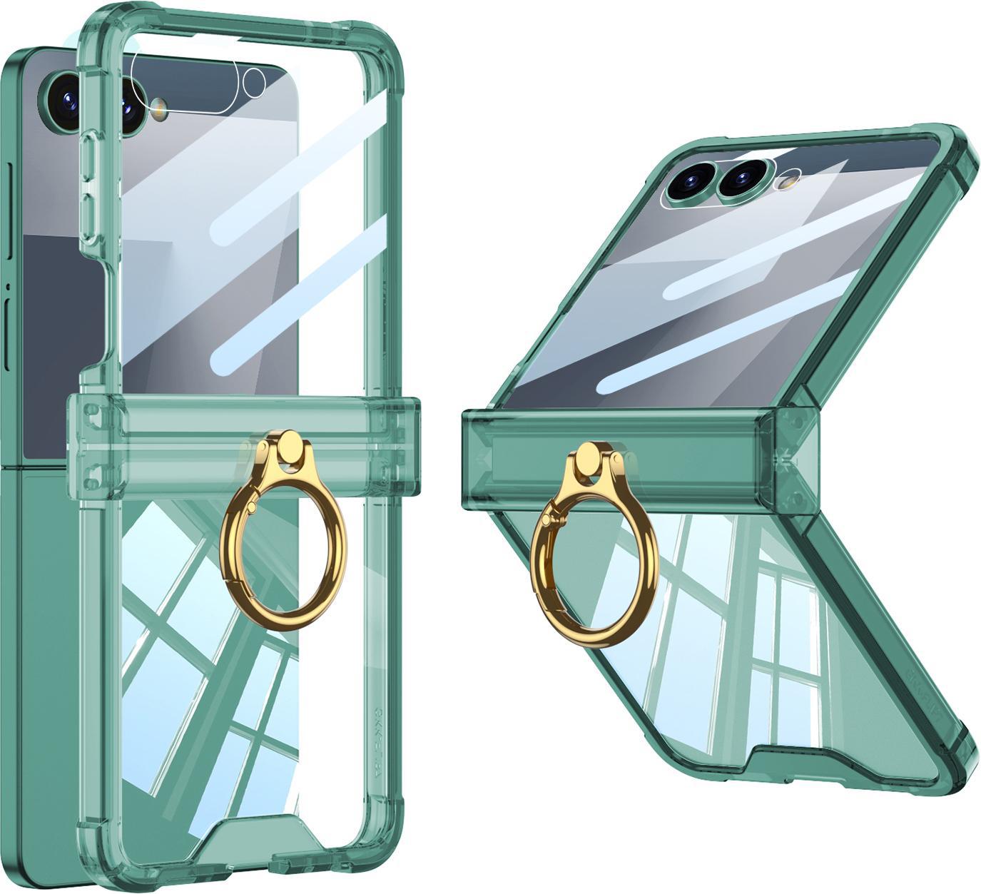 Custodia Trasparente Antiurto Per Samsung Galaxy Z Flip 7 Con Protezione Della Cerniera, Protezione Dello Schermo, Anello Verde