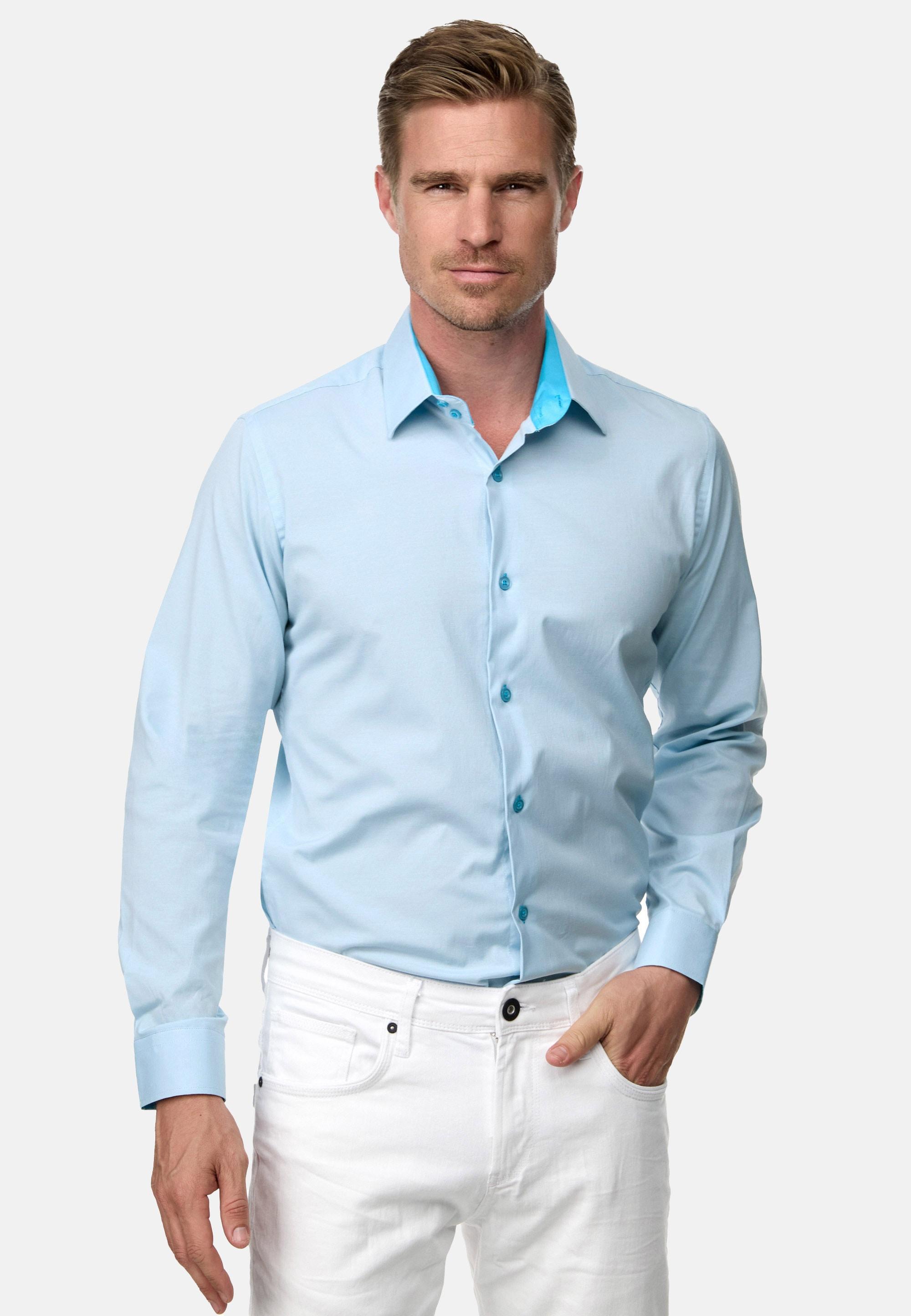 Langarmhemd Rusty Neal, Herren, Gr. M, Euro-GrößEn, Blau (Aquablau), 60% Baumwolle, 37% Polyester, 3% Elasthan, Mehrfarbig, Hemden, Mit Farblich Abgesetztem Innenkragen
