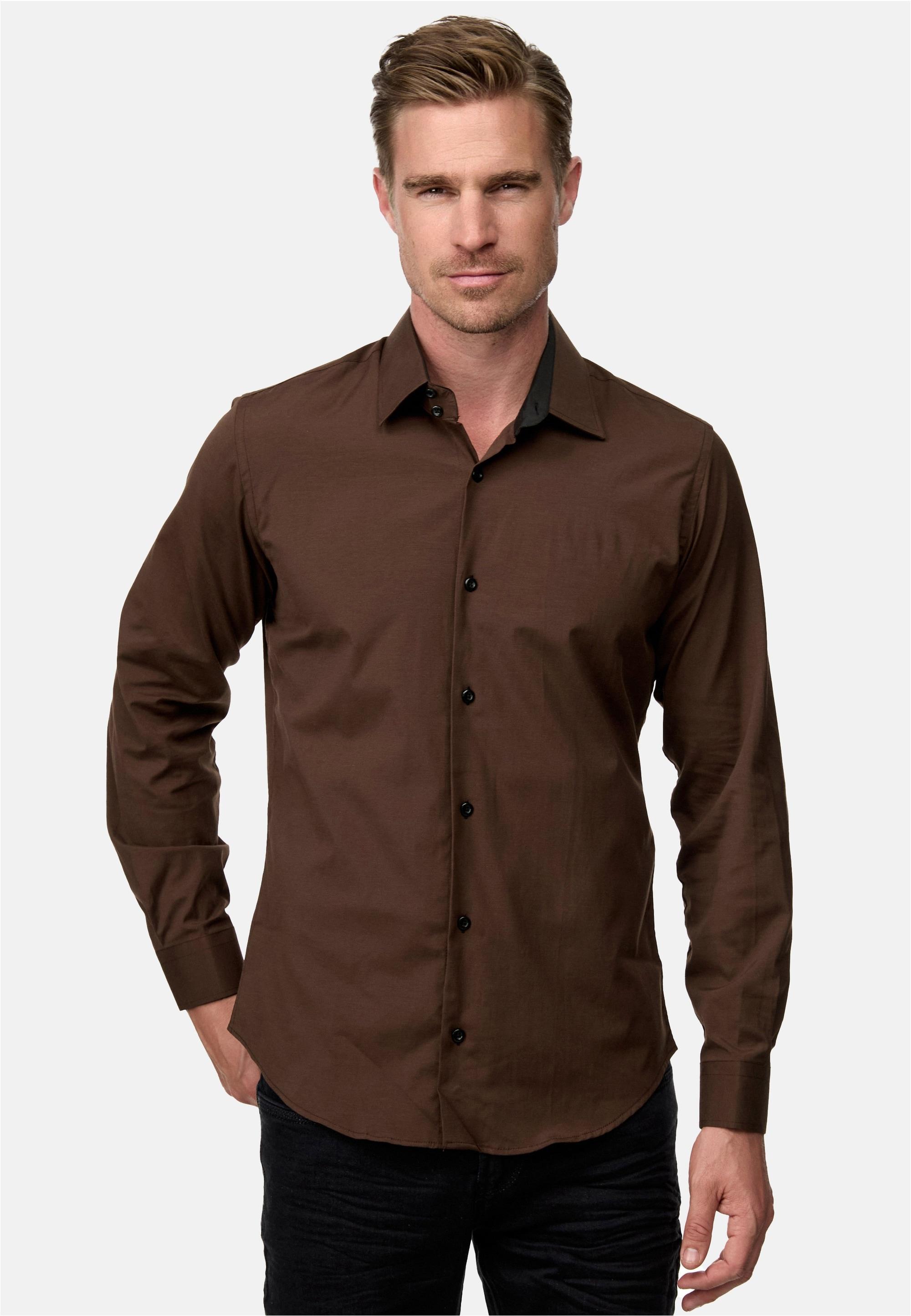 Langarmhemd Rusty Neal, Herren, Gr. Xxl, Euro-GrößEn, Braun, 60% Baumwolle, 37% Polyester, 3% Elasthan, Unifarben, Hemden, Mit Trendigem Farbkontrast