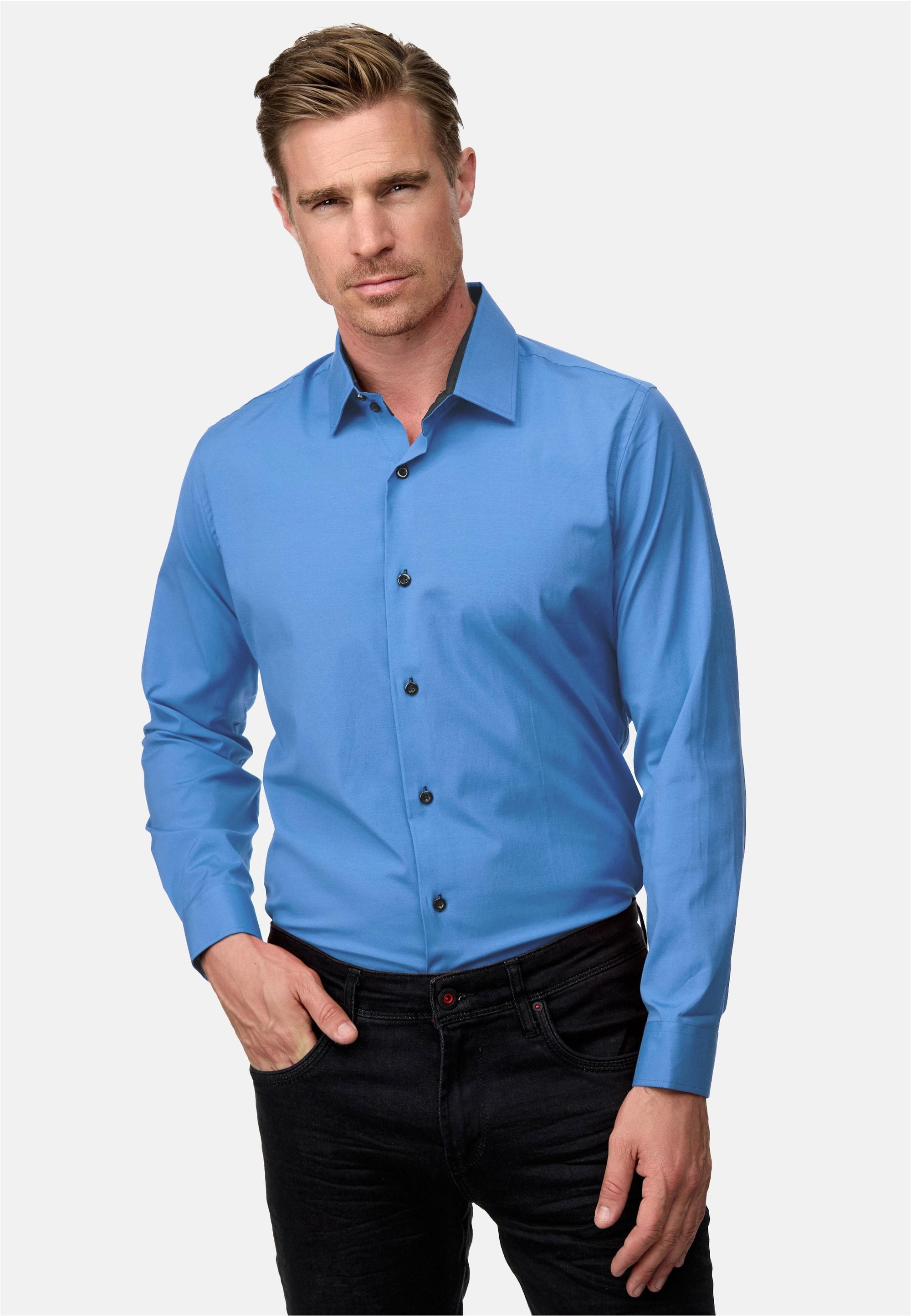 Langarmhemd Rusty Neal, Herren, Gr. M, Euro-GrößEn, Blau, 60% Baumwolle, 37% Polyester, 3% Elasthan, Unifarben, Hemden, Mit Trendigem Farbkontrast