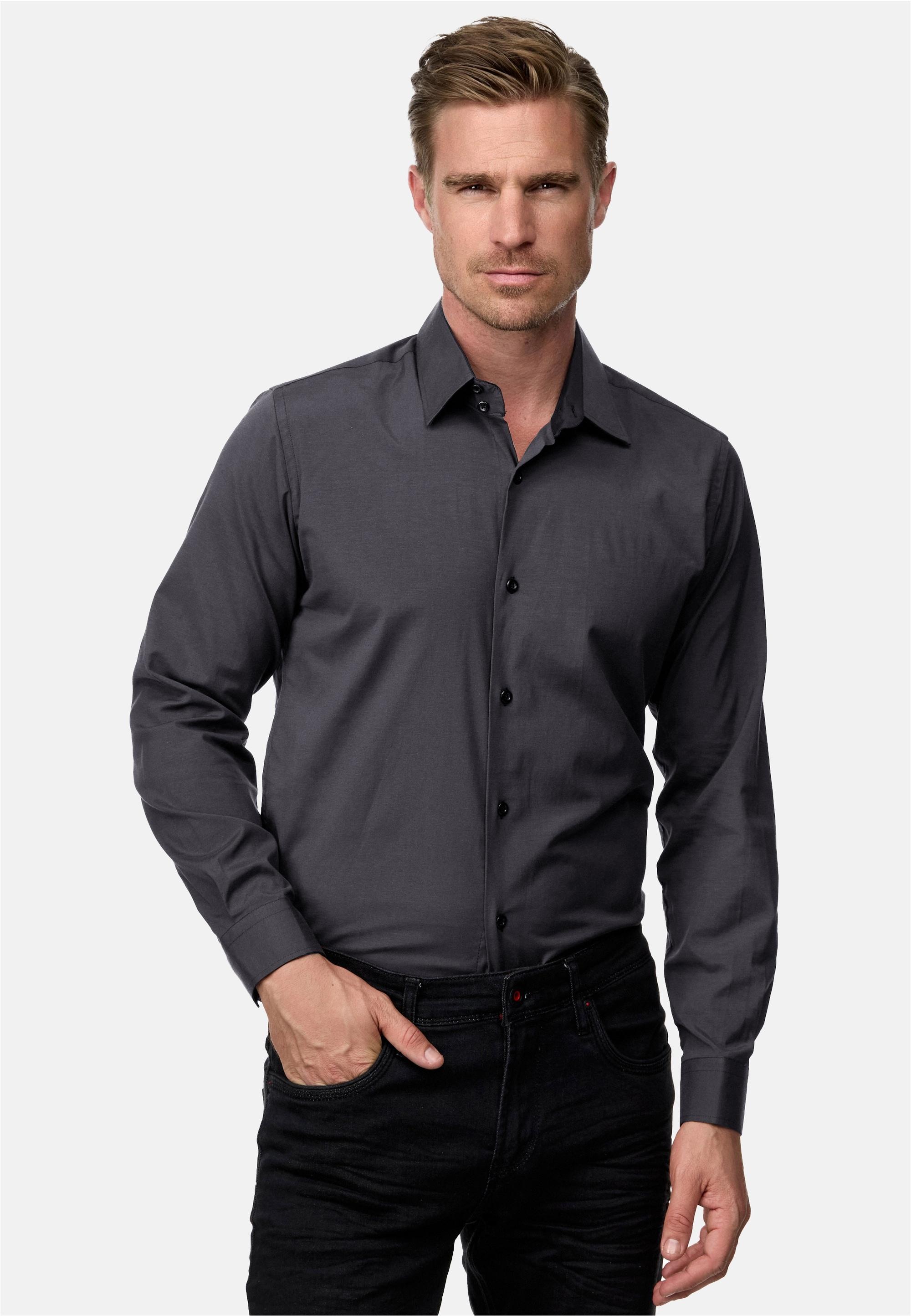Langarmhemd Rusty Neal, Herren, Gr. L, Euro-GrößEn, Grau (Anthrazit), 60% Baumwolle, 37% Polyester, 3% Elasthan, Unifarben, Hemden, Mit Trendigem Farbkontrast