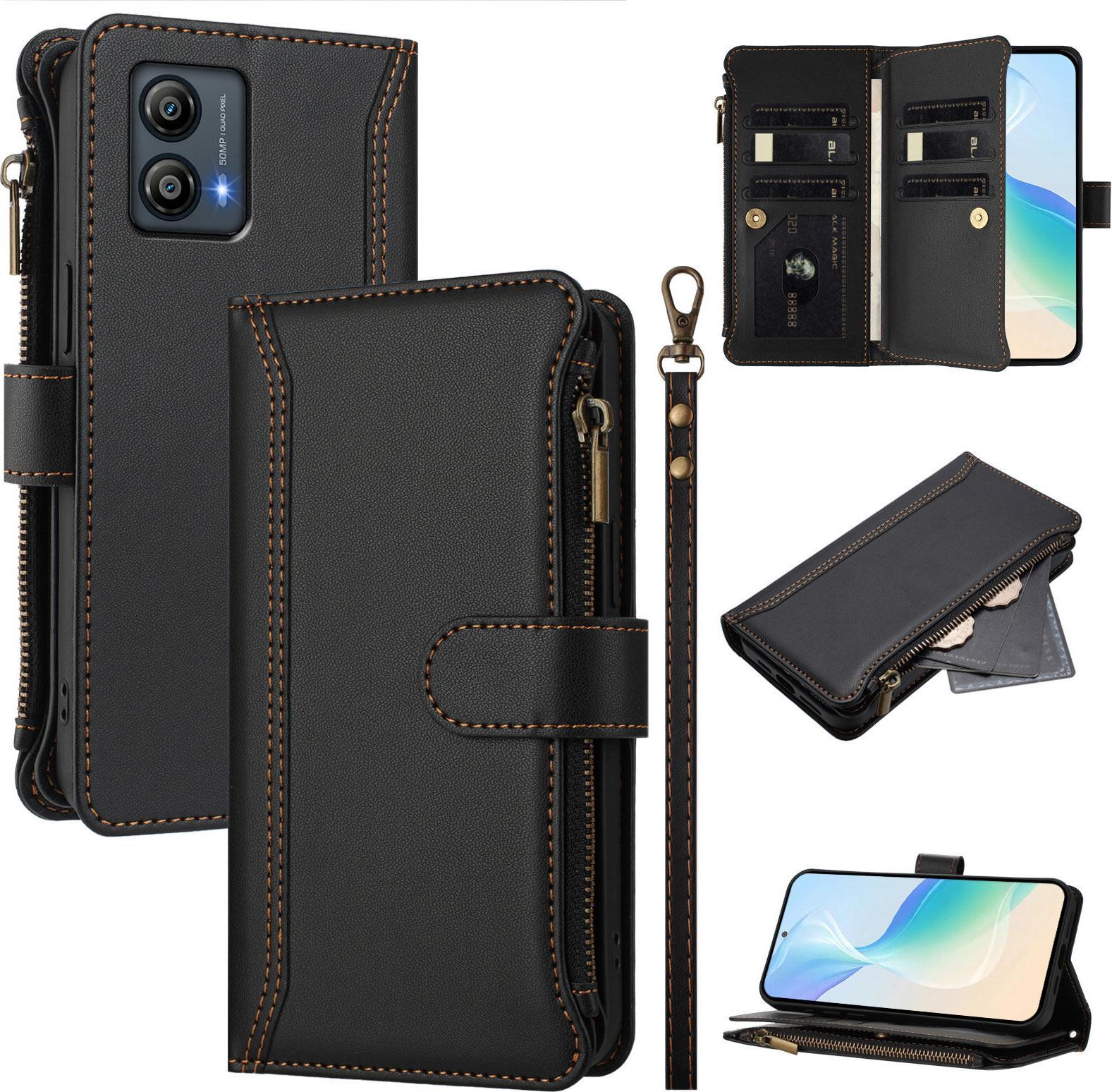 Custodia Per Motorola Moto G53/G13/G23, Flip Case In Finto Cuoio Con Cerniera E Portafoglio, Con Tasche Per Carte, Supporto E Passante Per La Mano, Nero