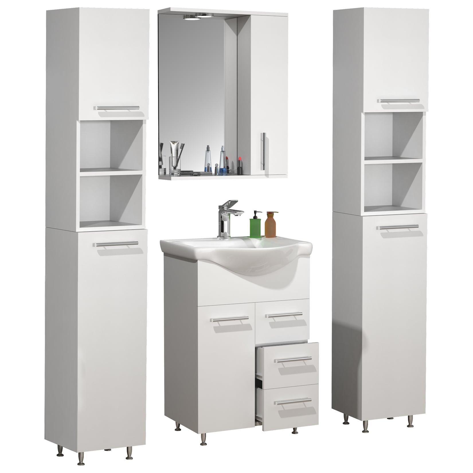 Vcm 5-Tlg. Waschplatz Waschtisch Unterschrank 55 Cm BadmöBel Set Mit Waschbecken, 2X Hochschrank, Spiegelschrank Praktische Schubladen Und DrehtüRen Komplettset Lisalo L