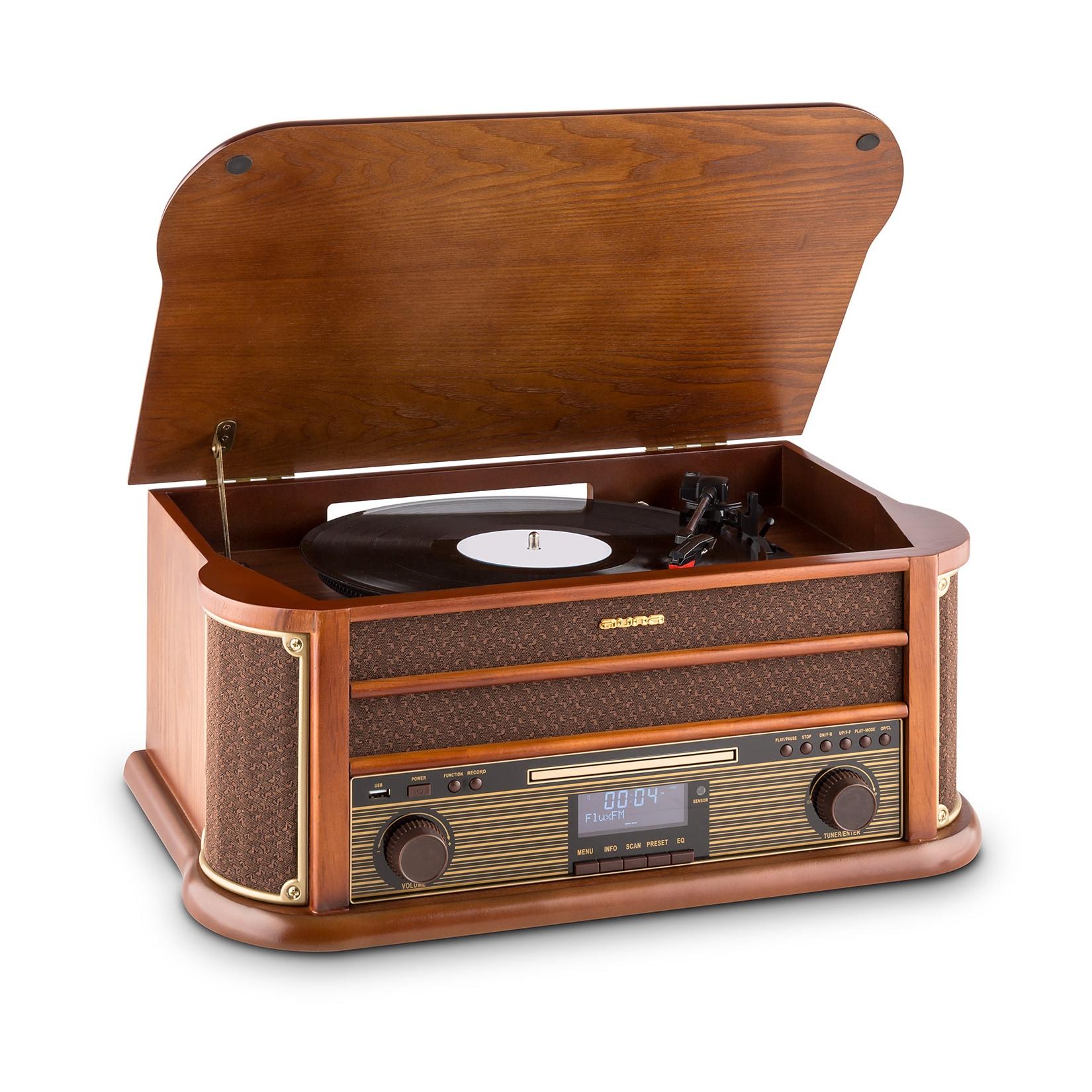 Auna Belle Epoque 1908 Retro-Microanlage USB CD MP3 Vinyl Holzgehäuse Braun