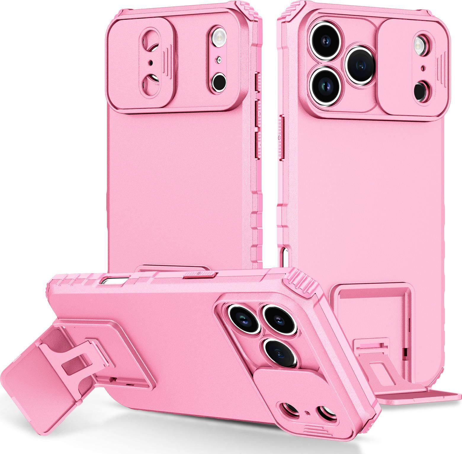 Custodia Per Iphone 17 Pro Max Dual Layer Rugged, Custodia Di Protezione Militare Con Supporto E Protezione Scorrevole Della Fotocamera Rosa