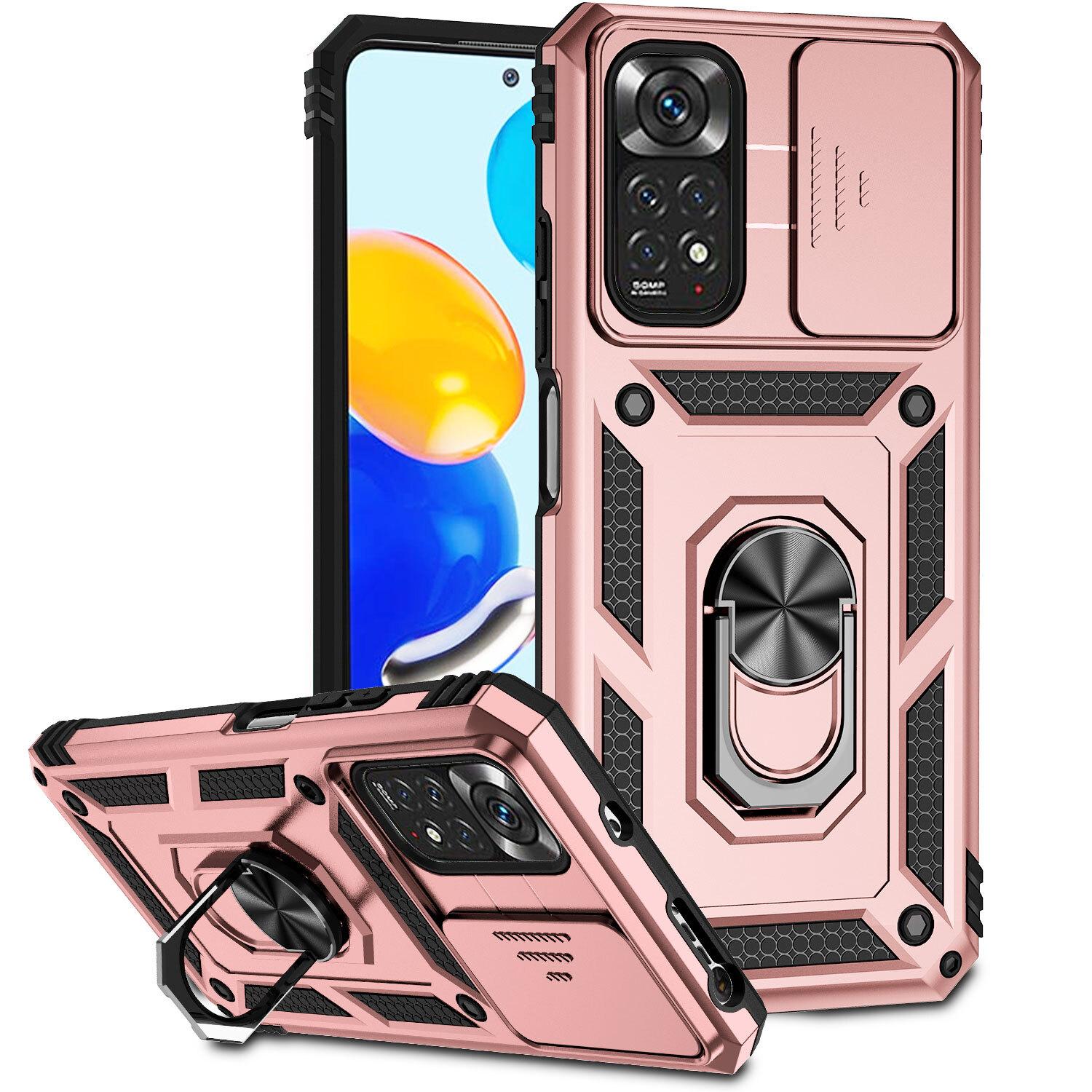 Custodia Per Xiaomi Redmi Note 11 / Note 11S A Doppio Strato Con Copertura Scorrevole Della Fotocamera E Supporto Ad Anello Rosa