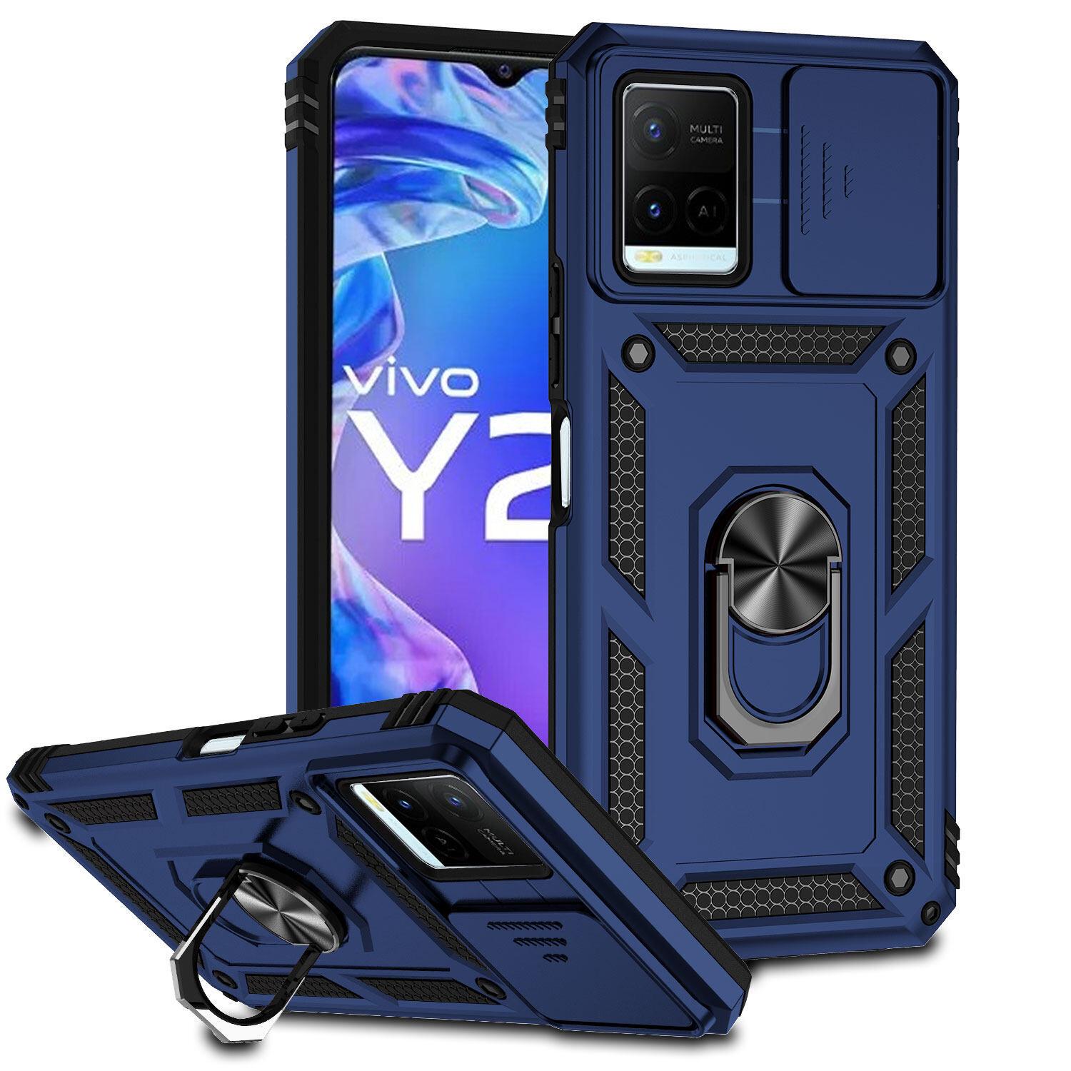 Custodia Per Vivo Y21/Y33S A Doppio Strato Con Copertura Scorrevole Della Fotocamera E Supporto Ad Anello Blu