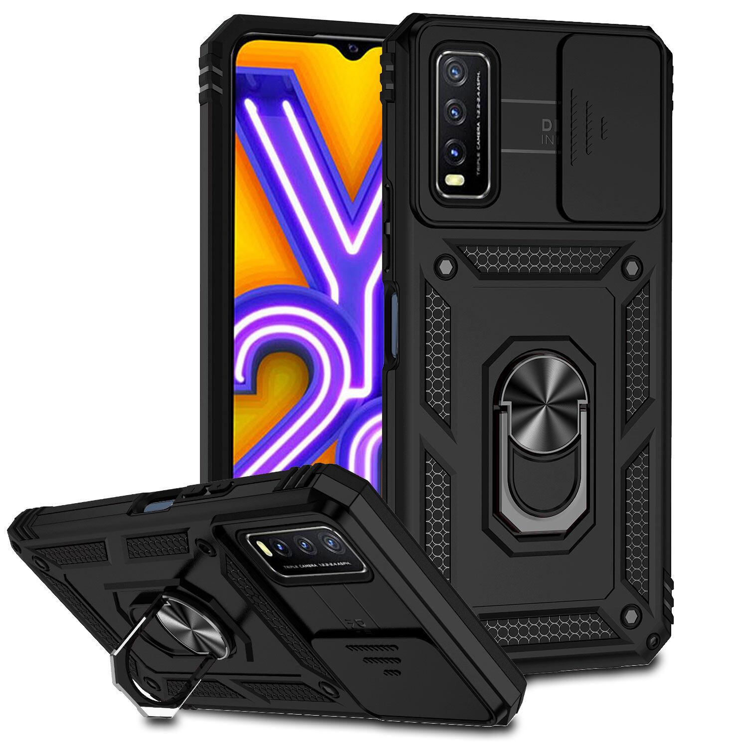 Custodia Per Vivo Y20 A Doppio Strato Con Copertura Scorrevole Della Fotocamera E Supporto Ad Anello Nero