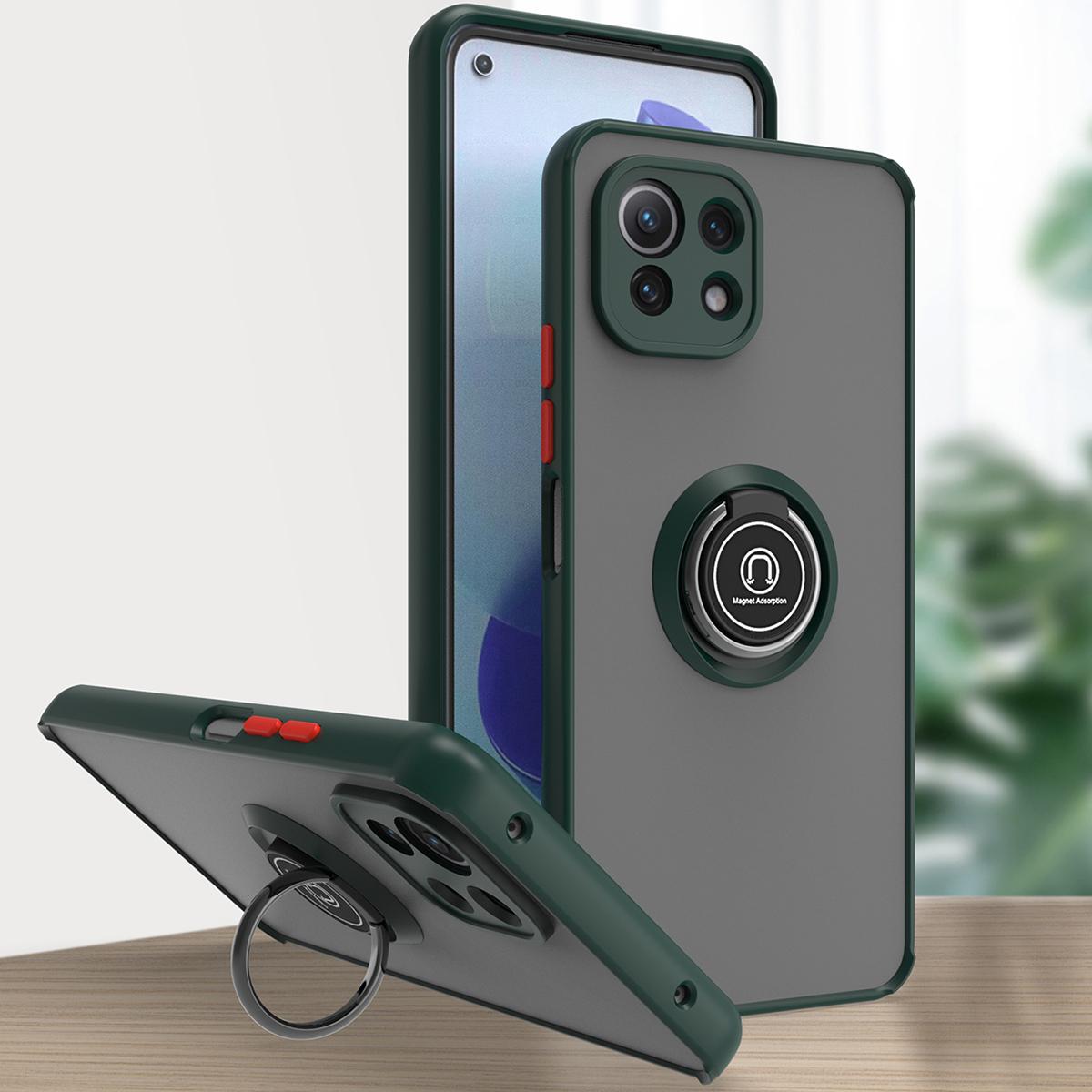 Custodia Per Xiaomi Mi 11 Lite Custodia In Tpu Traslucida Opaca Con Supporto Ad Anello E Supporto Verde Scuro