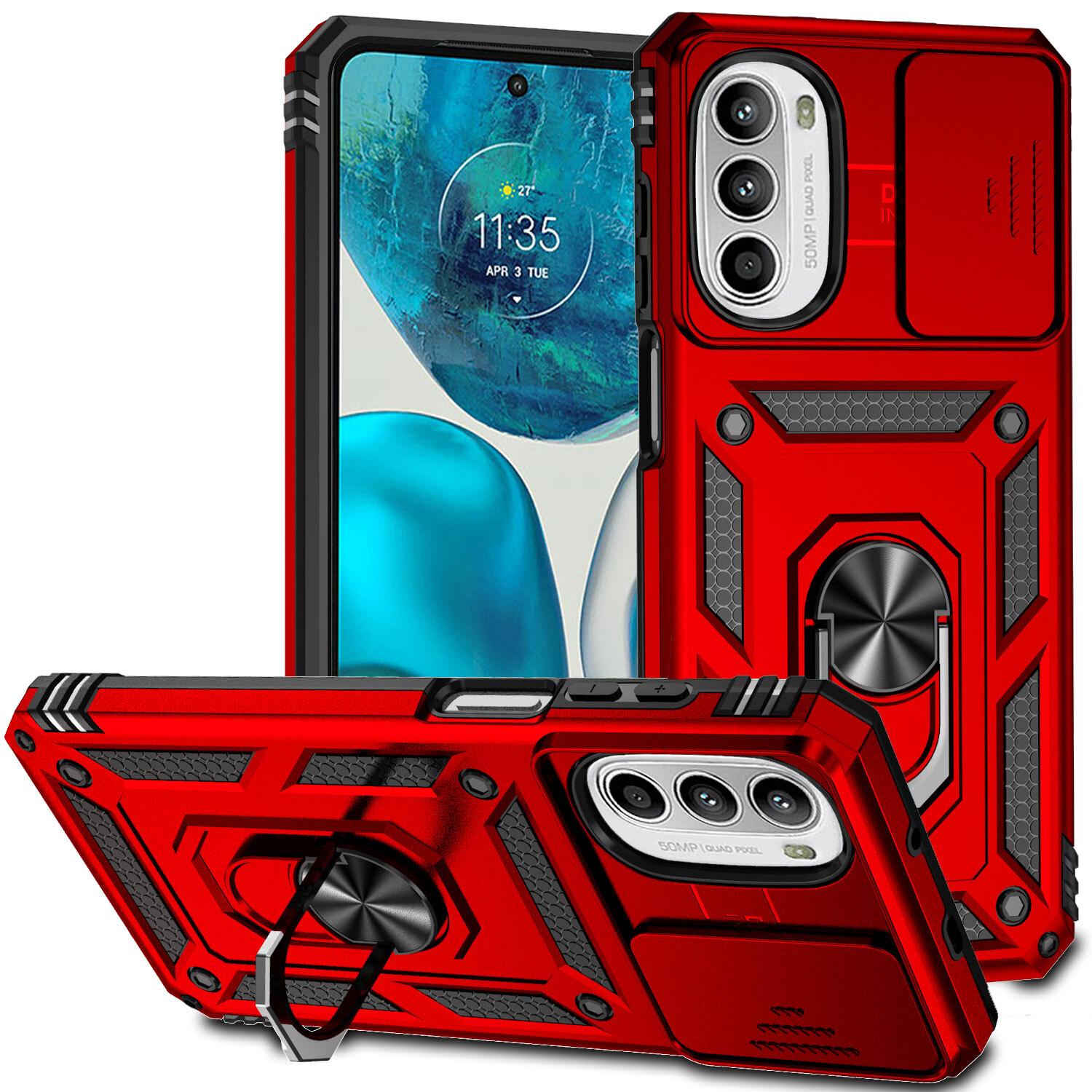Custodia Per Motorola Moto G52 / Moto G82 A Doppio Strato Con Copertura Scorrevole Della Fotocamera E Supporto Ad Anello Rosso