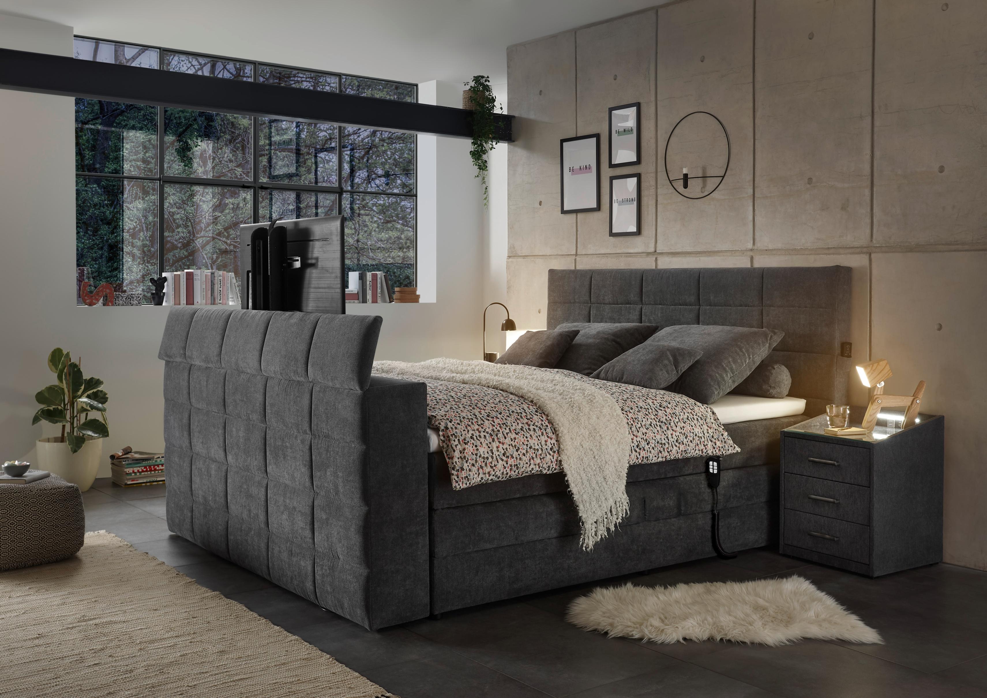 Boxspringbett Ed Exciting Design "Denver", Grau (Anthrazit Uran 04), B:202Cm L:240Cm, 95% Polyester, 5% Nylon, Komplettbetten, Boxspringbett, Inkl. Motor, Topper Und Motorisierter Tv-Halterung Bis 40 Zoll, Topseller