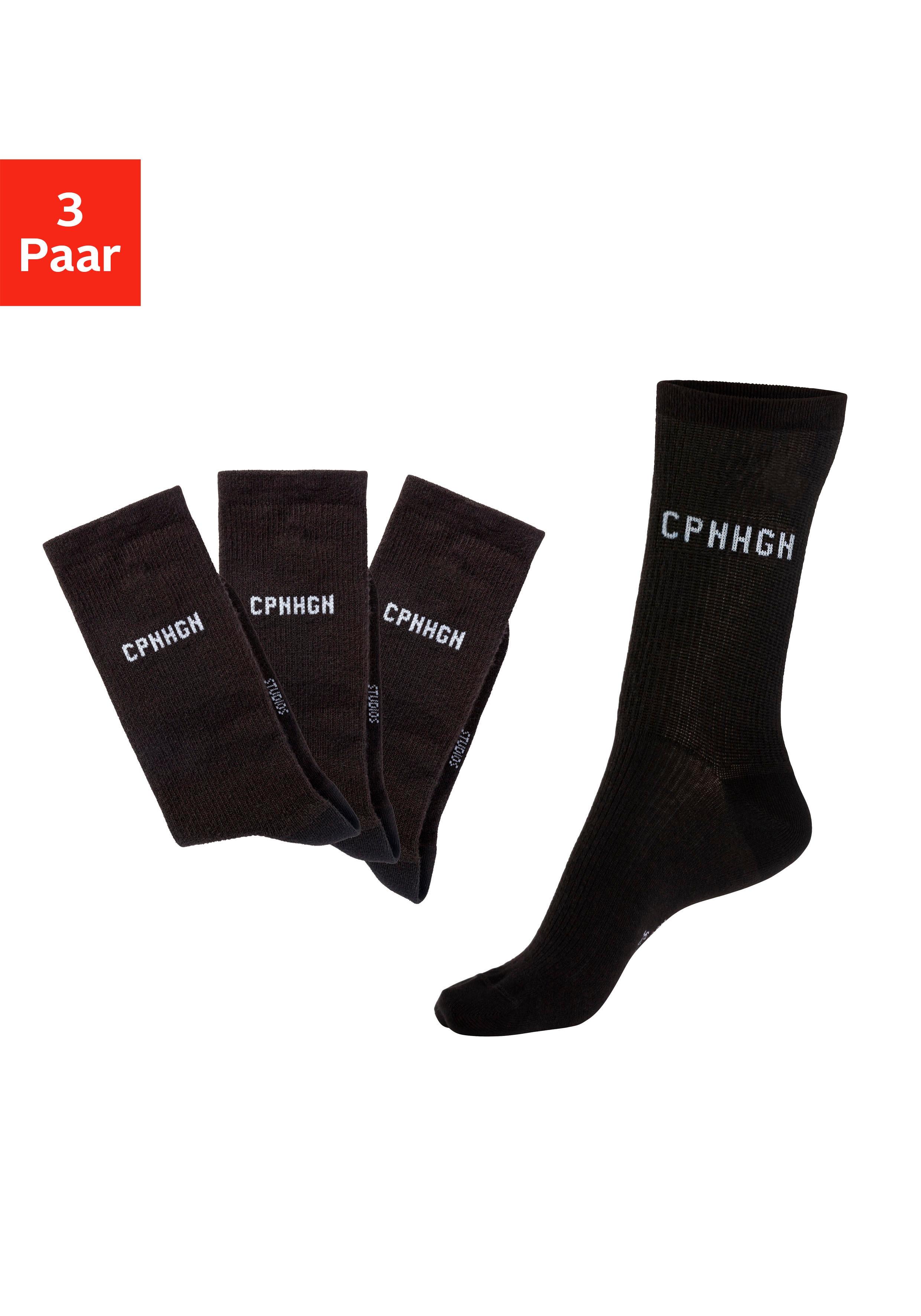 Basicsocken Copenhagen Studios, Damen, Gr. 35-38, Schwarz (3X Schwarz), Baumwollmischung, Unifarben, Elastisch, Socken, Mit Rippstruktur Und Stickerei