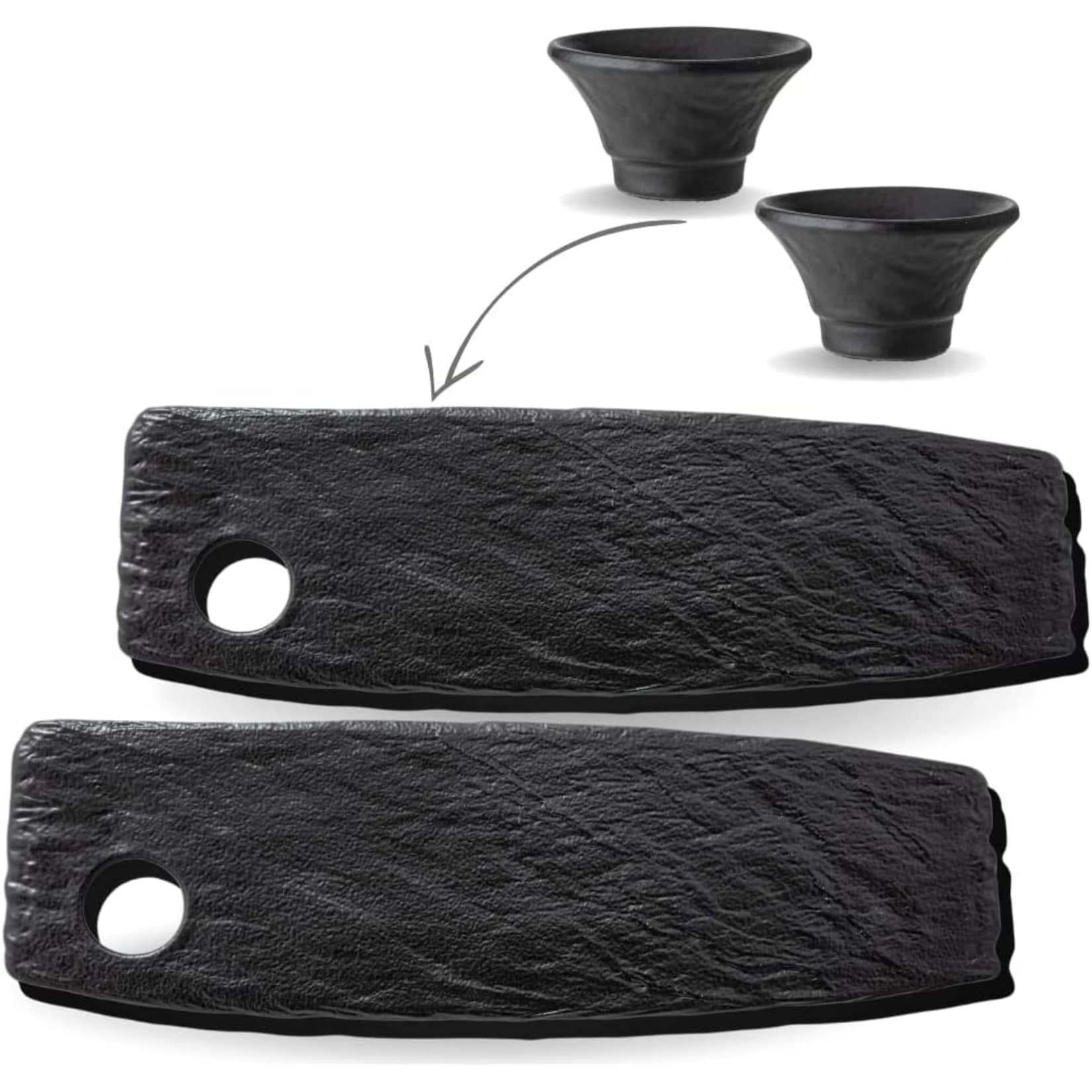 Servierplatte mit Soßenschüssel - 42 cm - Schwarz - Natursteinoptik - 2er Set