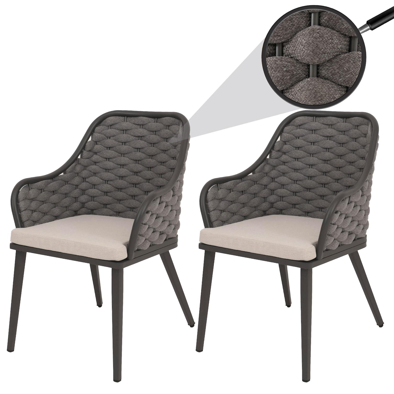 2Er-Set Aluminium-Gartenstuhl MCW-O16, Outdoor Stuhl Armlehne, Olefin Seilgeflecht Rope ~ Anthrazit Kissen Taupe