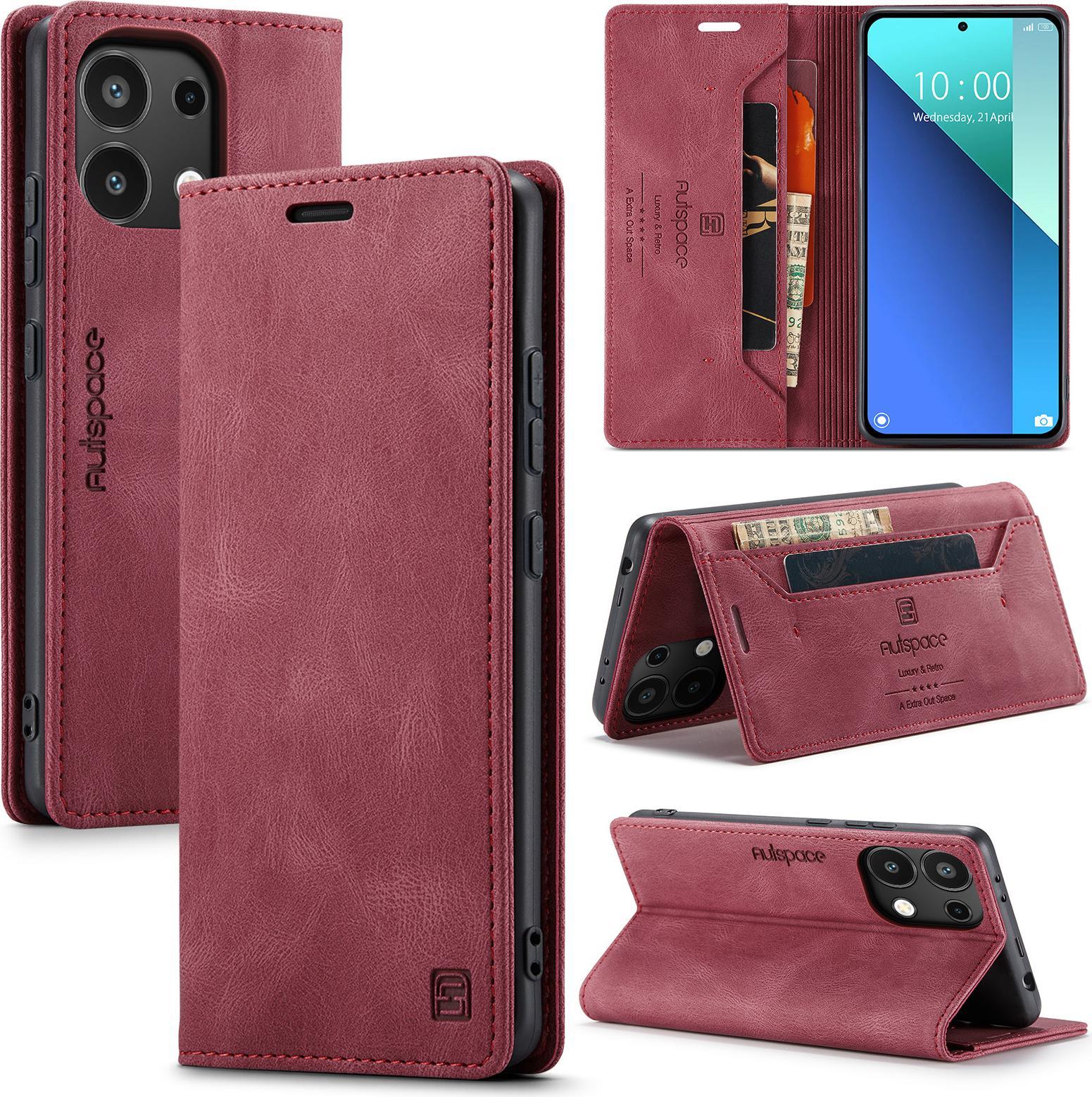 Custodia Per Xiaomi Redmi Note 13 4G, Custodia Retrò In Finto Cuoio, Supporto E Custodia Protettiva Rosso