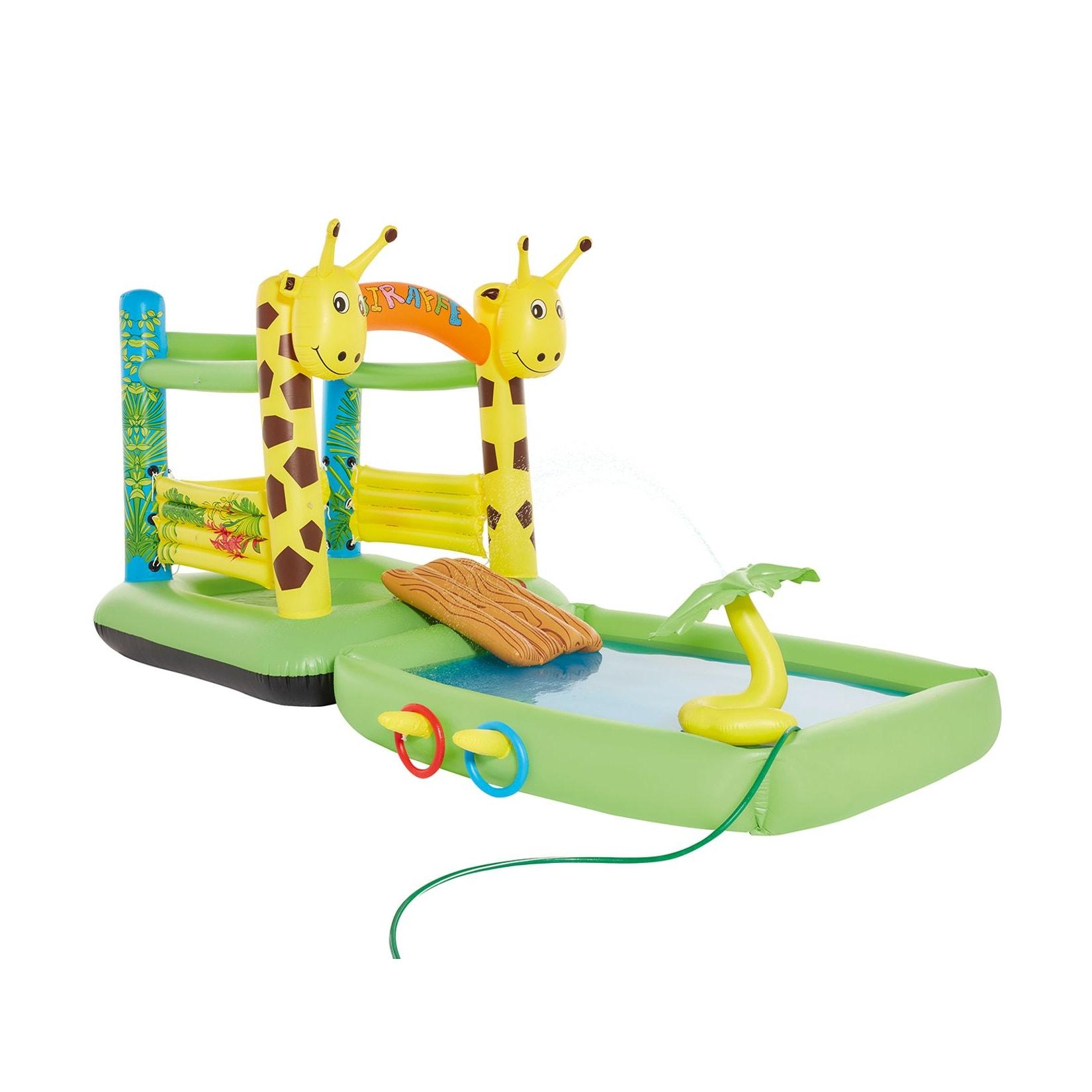 Wehncke Hüpfburg und Spielpool Giraffe mit Rutsche und Palme mit Sprühfunktion
