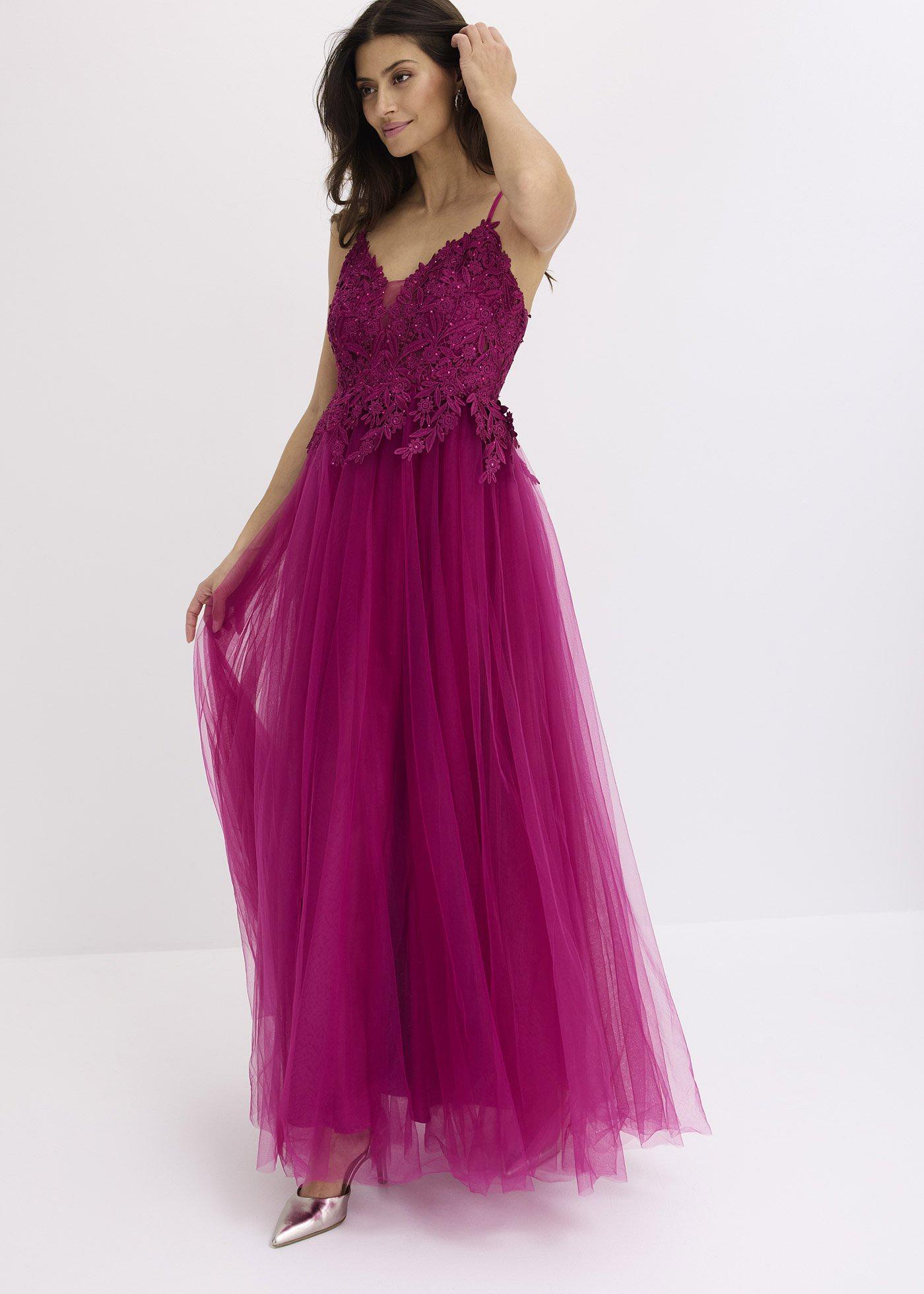 bonprix Abendkleid Aus Zartem TüLl Mit Spitze, Pink, Gr.42, Modern Und Feminin: Bezauberndes Abendkleid In Maxi-LäNge Aus Zartem TüLl Mit Spitze