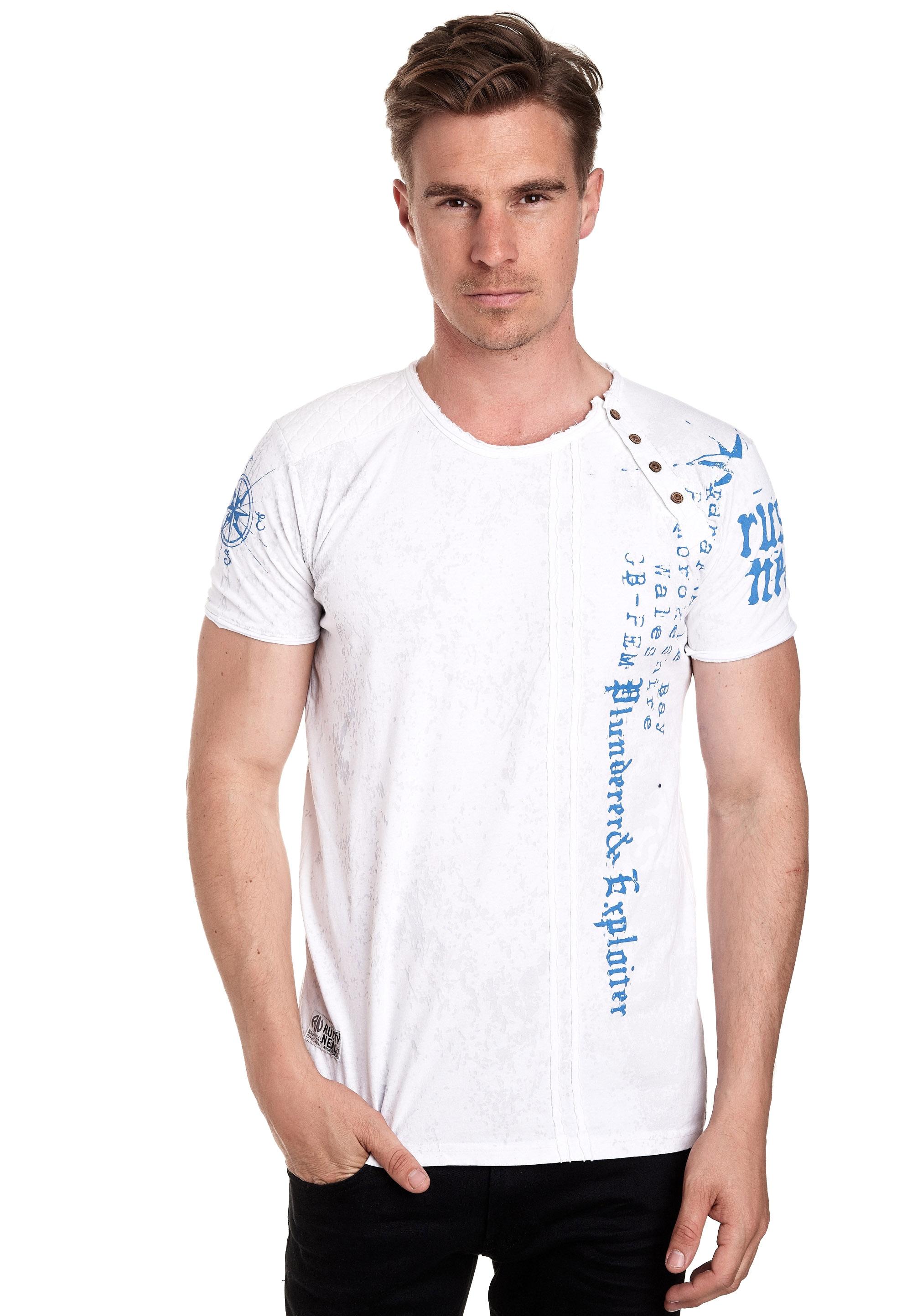 T-Shirt Rusty Neal, Herren, Gr. Xxl, Weiß, 100% Baumwolle, Mehrfarbig, Rundhals, Shirts T-Shirt, Mit Seitlicher Knopfleiste