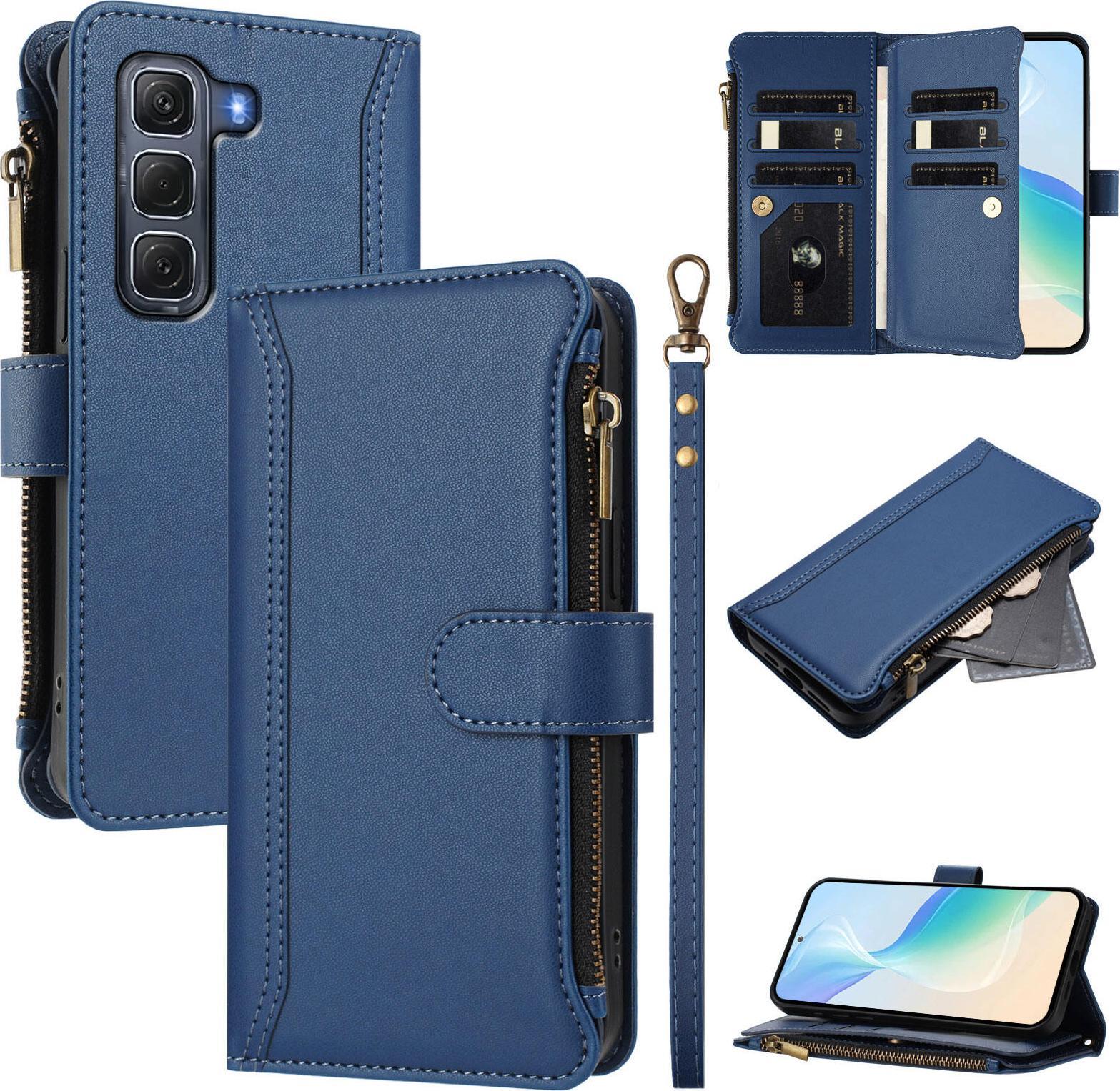Custodia Per Infinix Hot 60 Pro, Con Cerniera, Portafoglio Custodia Flip In Finto Cuoio Con Tasche Per Carte, Supporto E Passante Per Mano Blu