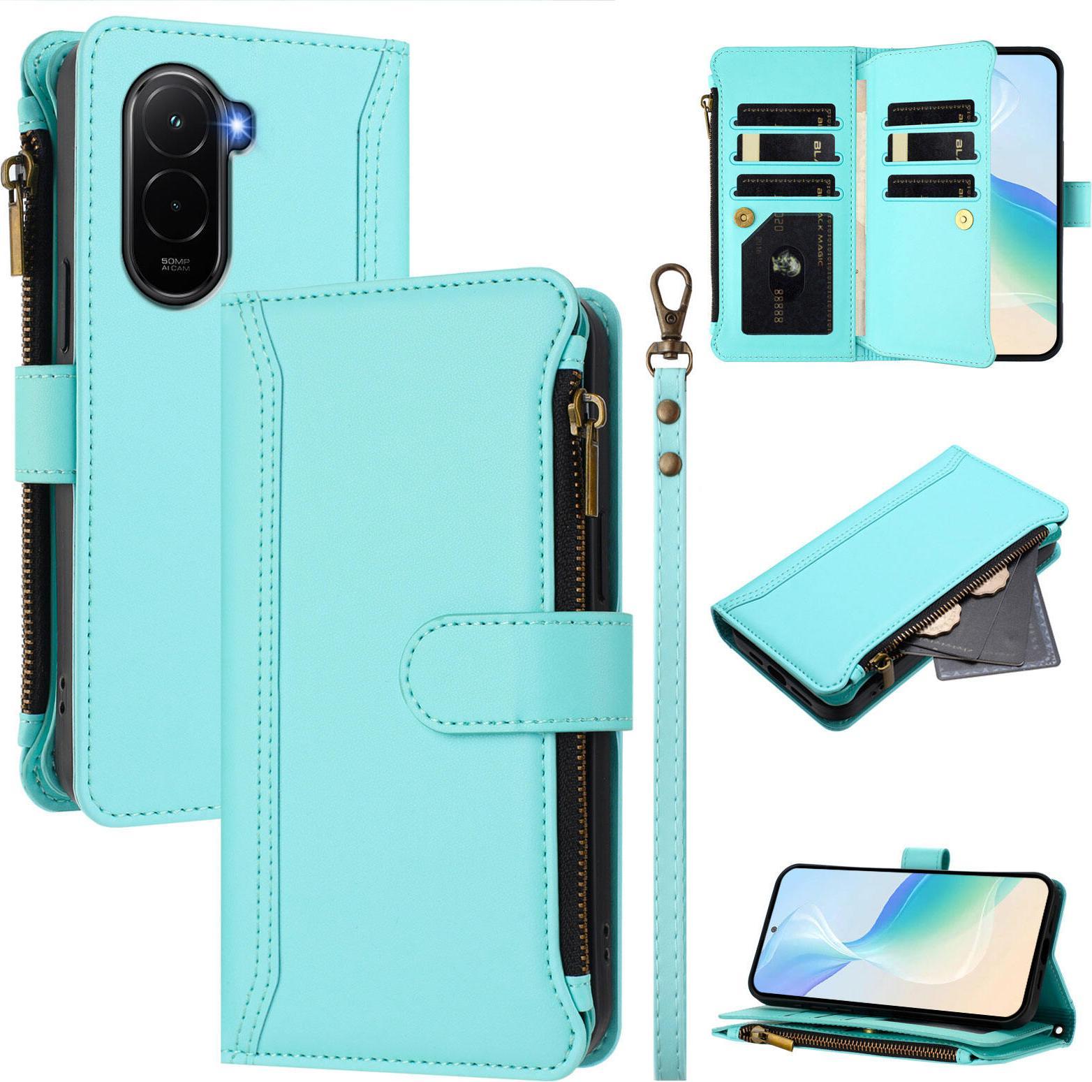 Custodia Per Xiaomi Poco M7 4G, Con Cerniera, Portafoglio In Finto Cuoio Flip Con Tasche Per Carte, Supporto E Passante Per Mano Verde Menta